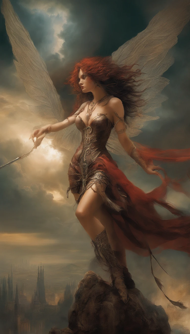 Mesmerizing fantasy illustration, inspired by the styles of Luis Royo, Boris Vallejo and Greg Rutkowski. Rembrandt-style lighting creates bold shadows, enhancing the dramatic effect. In the background, menacing thunderclouds part, revealing rays of mystical light, which enhance the atmosphere. Red-haired naturist witch stands on top of the tallest building, her face is hidden, and her lace-up sandals give her a mysterious charm. With energetic gestures she invokes ancient magic, radiating an atmosphere of mystery.