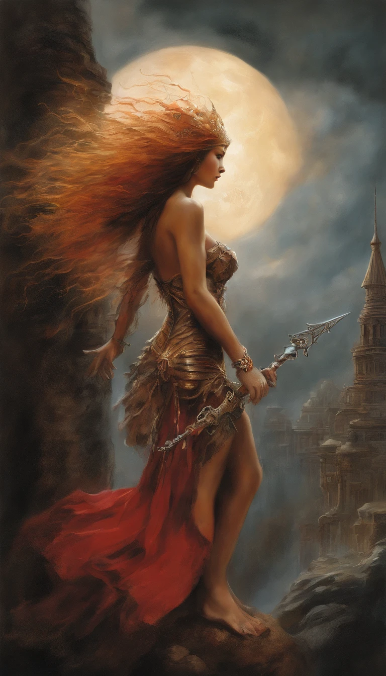 Mesmerizing fantasy illustration, inspired by the styles of Luis Royo, Boris Vallejo and Greg Rutkowski. Rembrandt-style lighting creates bold shadows, enhancing the dramatic effect. In the background, menacing thunderclouds part, revealing rays of mystical light, which enhance the atmosphere. Red-haired naturist witch stands on top of the tallest building, her face is hidden, and her lace-up sandals give her a mysterious charm. With energetic gestures she invokes ancient magic, radiating an atmosphere of mystery.