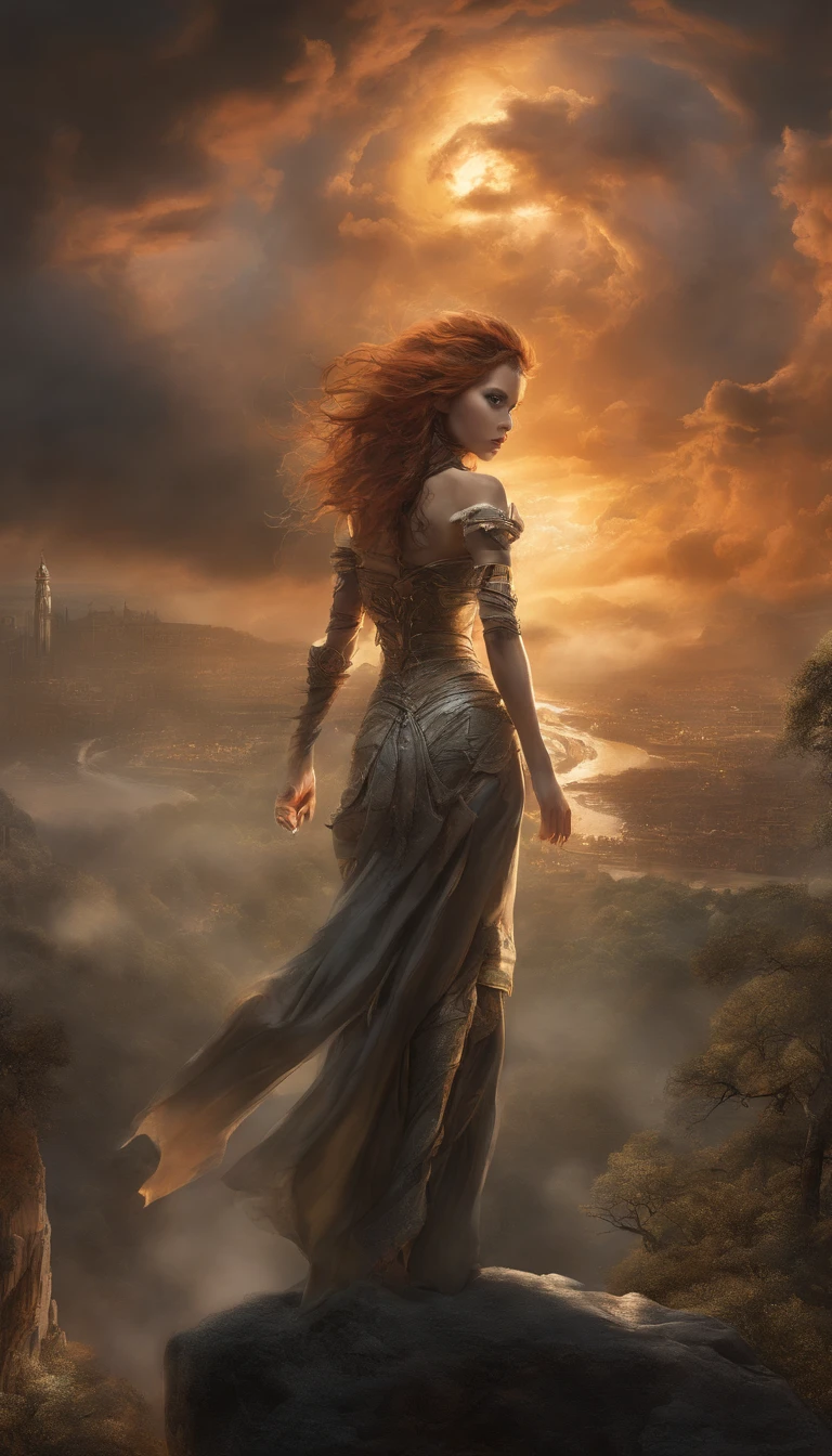 Mesmerizing fantasy illustration, inspired by the styles of Luis Royo, Boris Vallejo and Greg Rutkowski. Rembrandt-style lighting creates bold shadows, enhancing the dramatic effect. In the background, menacing thunderclouds part, revealing rays of mystical light, which enhance the atmosphere. Red-haired naturist witch stands on top of the tallest building, her face is hidden, and her lace-up sandals give her a mysterious charm. With energetic gestures she invokes ancient magic, radiating an atmosphere of mystery.