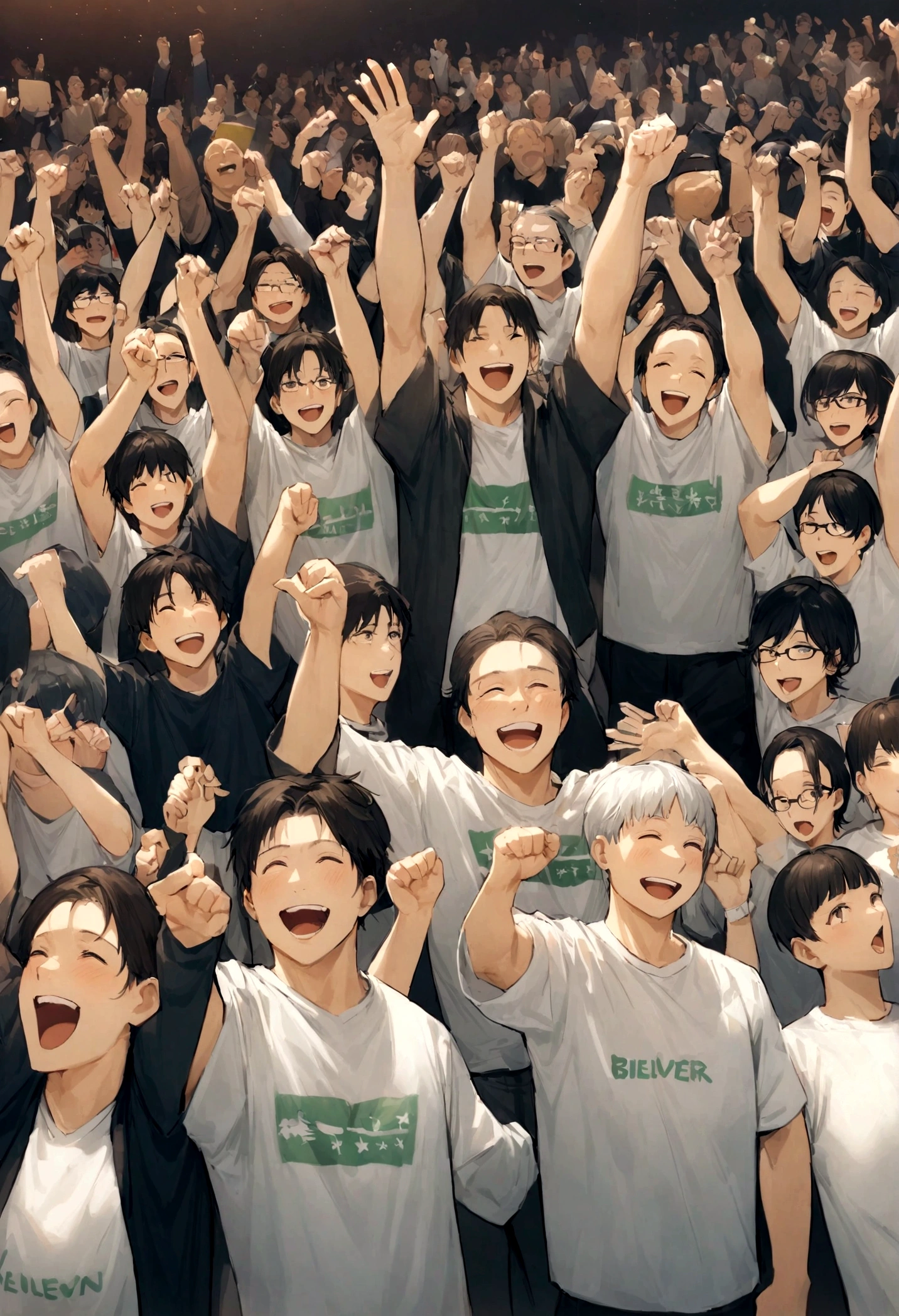 supporter、Believer、Revolutionary、Leaders with a Useful Competitive Advantage、leadership、Best Employee、Many businessmen cheering on a tall president with his arms folded、Everyone is wearing the same T-shirt