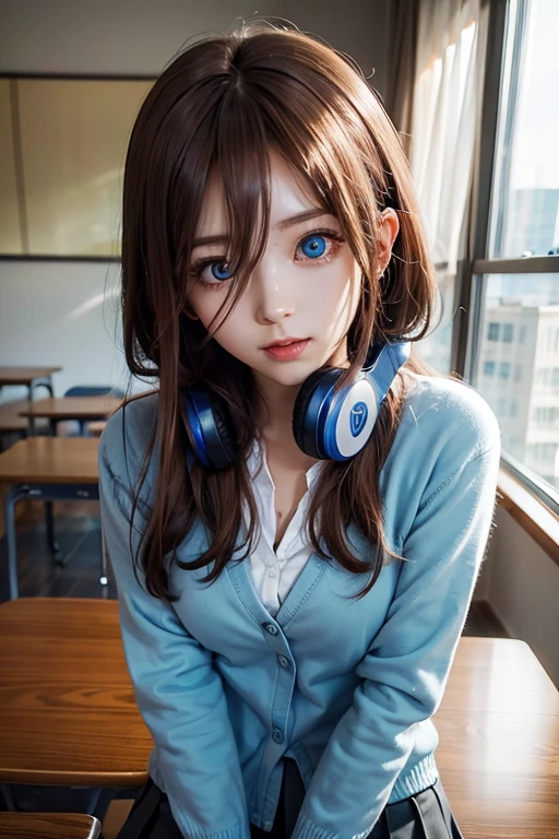 mikunakano, miku nakano, long hair, bangs, blue eyes, brown hair, shirt, hair between eyes, headphones, cardigan, headphones around neck,
BREAK skirt, shirt, long sleeves, white shirt, pantyhose, pleated skirt, black pantyhose, cardigan, green skirt, blue cardigan,
BREAK indoors, classroom,
BREAK looking at viewer, BREAK (masterpiece:1.2), best quality, high resolution, unity 8k wallpaper, (illustration:0.8), (beautiful detailed eyes:1.6), extremely detailed face, perfect lighting, extremely detailed CG, (perfect hands, perfect anatomy),