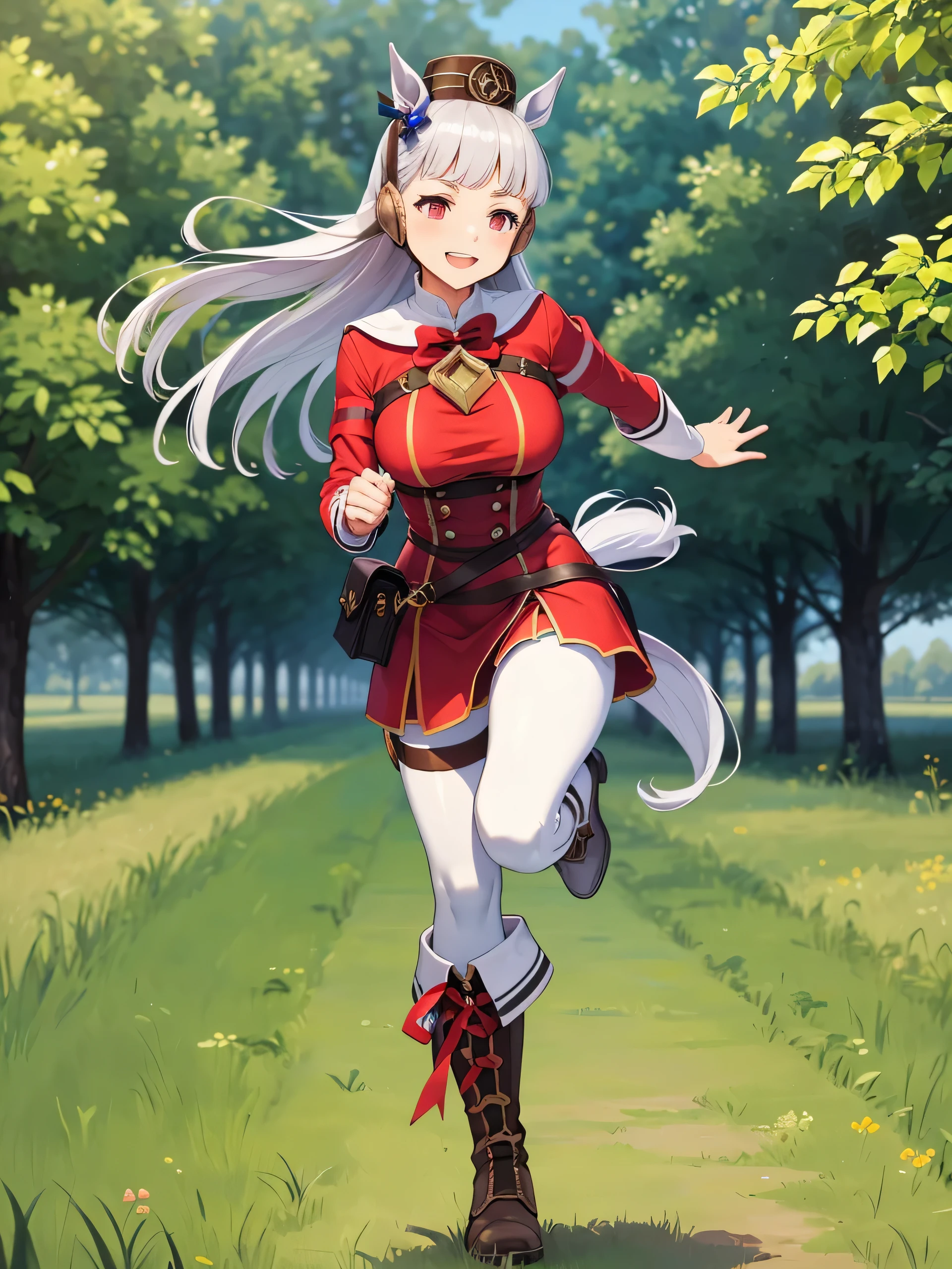 Dark color depiction、(masterpiece, highest quality:1.2), alone, One girl, umpd gold ship, pillbox hat, Red dress,No sleeve, White Pantyhose, boots, Horse tail,、grassland、Nature、Big Breasts、smile、running、Feel the wind、summer
