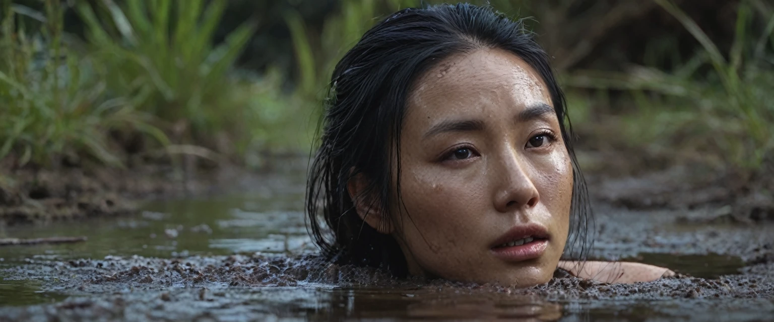 a woman's head drowned in a muddy bog, seen from afar:1.4, asian facial features, orgasmic facial expression, losing control, (best quality,4k,8k,highres,masterpiece:1.2),ultra-detailed,(realistic,photorealistic,photo-realistic:1.37),HDR,UHD,studio lighting,ultra-fine painting,sharp focus,physically-based rendering,extreme detail description,professional,vivid colors,bokeh,dark fantasy,dramatic lighting,cinematic
