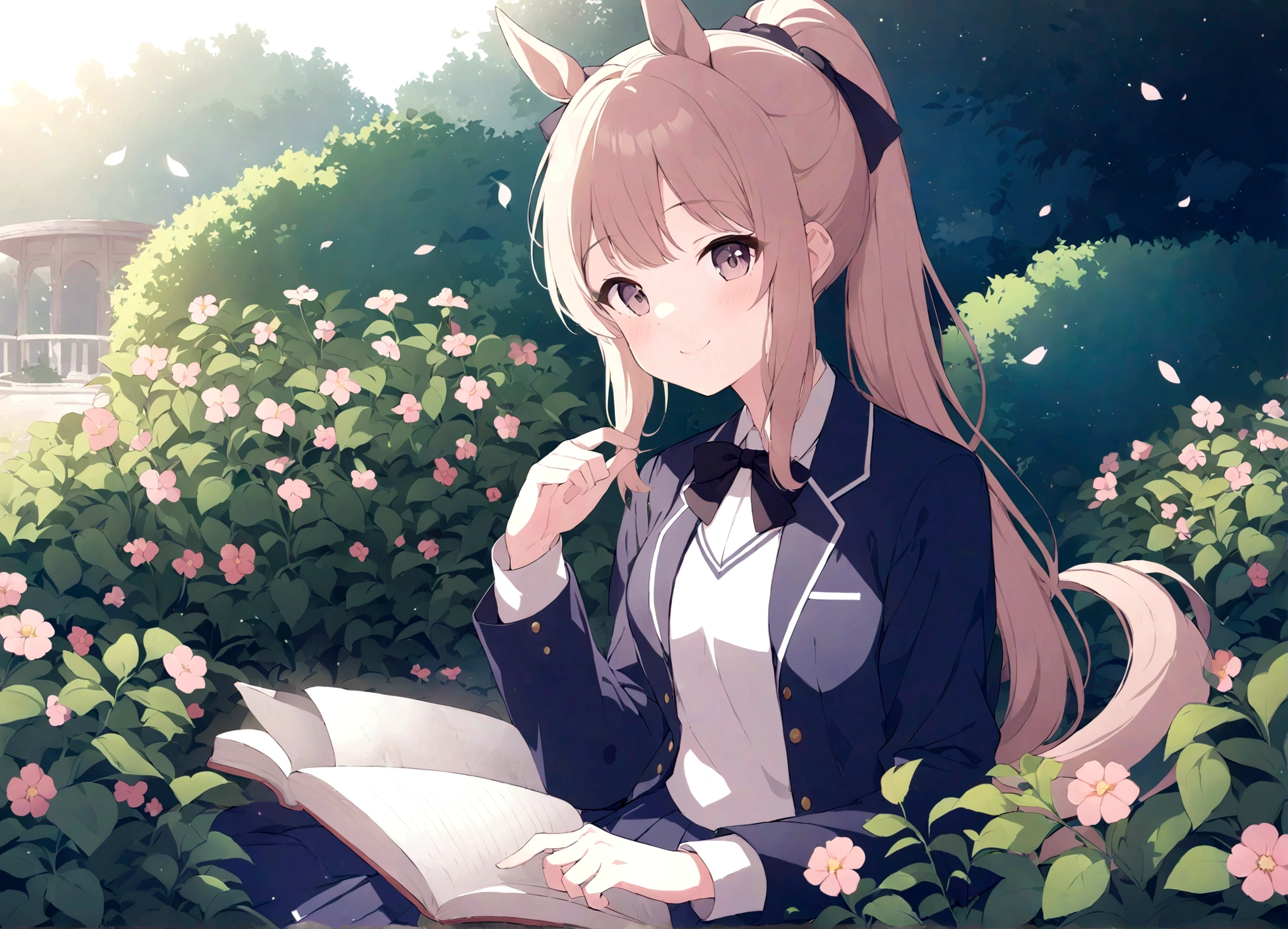 "anime girl" "JK uniform" "horse tail hair" "pleated skirt" "sitting on flower bed" "reading book" "smile" "serene atmosphere" "detailed background" "flowers and greenery" "soft lighting" "school blazer" "high resolution" "detailed shading" "illustration" "digital art"