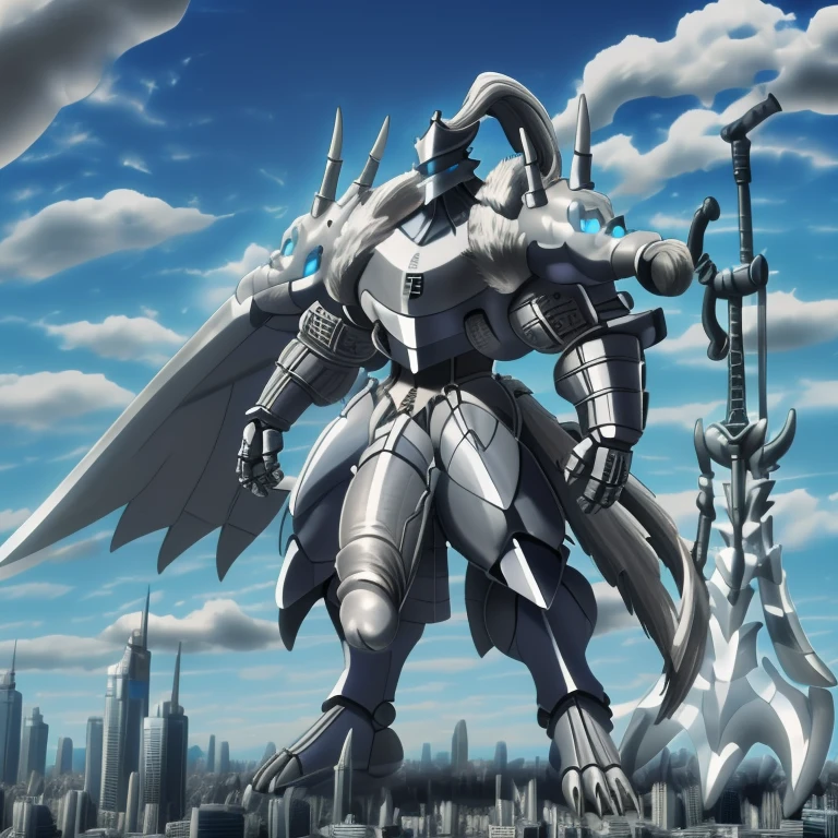(masterpiece. official art. 8k. best quality. detailed full body. full body.)
(situation 1 : dominating Platinum_Dragon_Lord_Armor. Platinum_Dragon_Lord_Armor is over 1000 meters long. focus GIANT mechanical Muscular Platinum_Dragon_Lord_Armor is trampling the city. Looking down. macro. stomp. Low-angle perspective. emphasizing the immense size.)
(situation 2 :smoke and flames rising from the destruction in the city)
(Additional details 1: wearing a full-face helmet. high-tech bio-mecha armor. real texture material. whole body shines like metal. Wearing cyberpunk mecha. emphasizes the muscles. suit fully made of metal. intricate armor. Robotic suit. suit fully made of metal. cyborg. Powered exoskeleton with the same design as Platinum_Dragon_Lord_Armor).
(Additional details 3: Spread wings. It has wings. have big wings. The claws are sharp. Sharp teeth. 5 toes.).
(Additional details 4: SILVER color hyper penis. hyper SILVER penis. big penis)
(Additional details 5: melee weapon, weapon, armor, plate armor, sword, floating weapon, anthro, knight, clothing, helmet, detailed background, white fur, claws,)