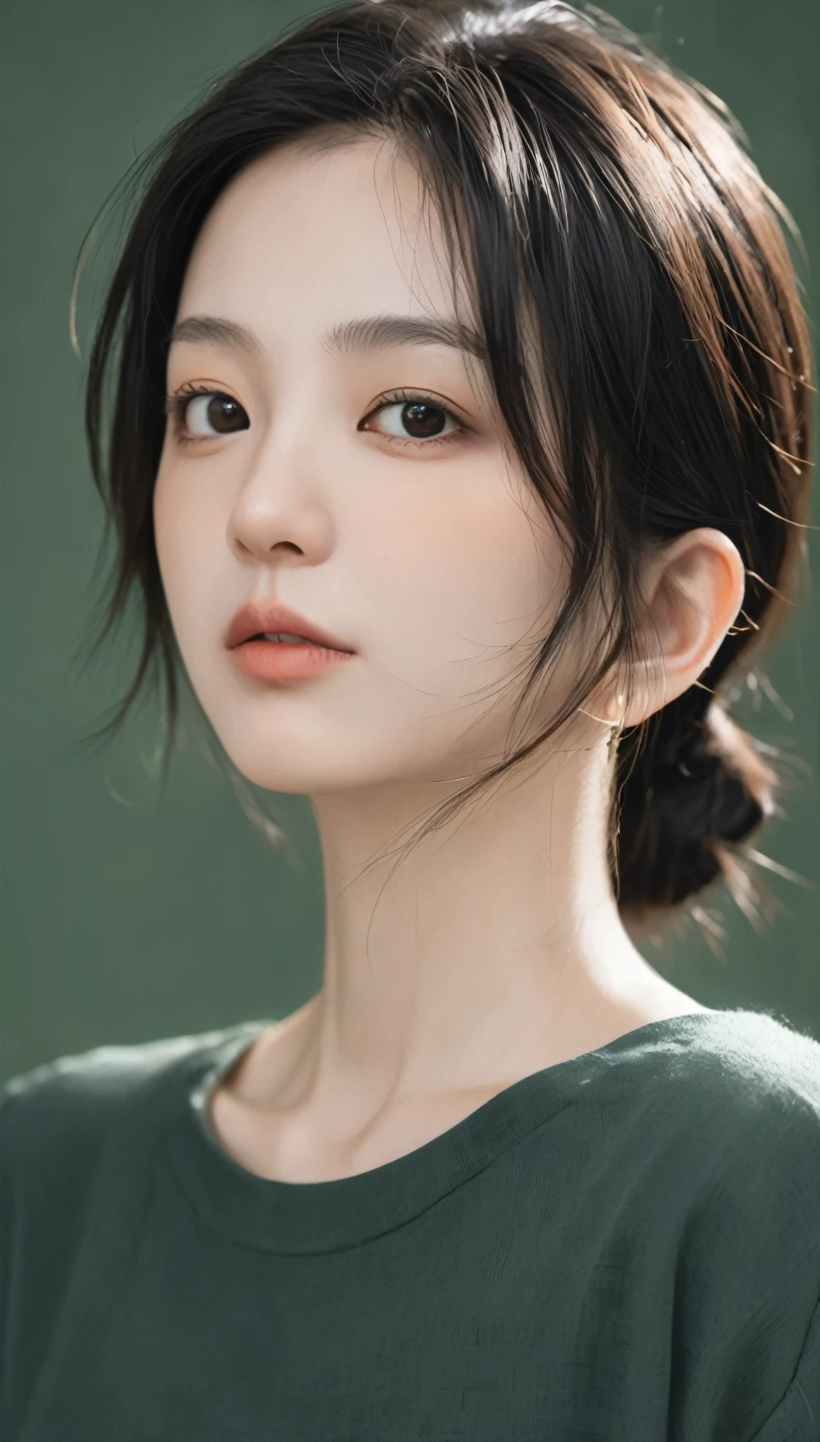 xxmixgirl,Female anime manga characters, In an unforgettable portrait style, dark green and light black, uncanny valley realism, gongbi, barbizon school, Shining eyes, multilayered realism