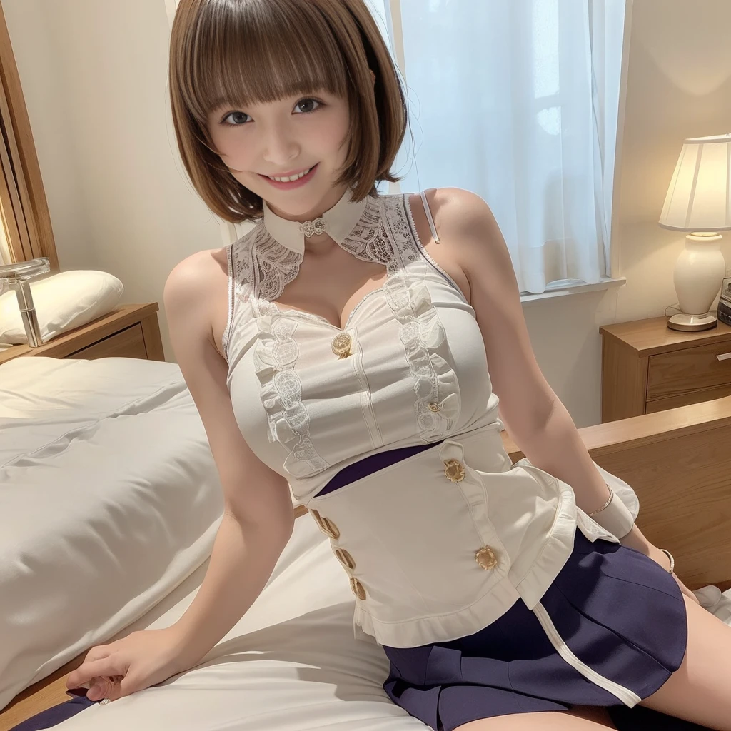 (Looking at me with a smile)、(One woman:1.3)、(Big Breasts)、narrow and constricted waist,、Thin and beautiful legs、(Nobody background)、(whole body)、Short Hair、bed、Tight lace sleeveless see-through blouse with buttons and collar、See-through mini skirt、(Erect nipples:1.1)