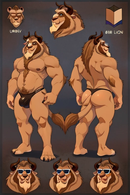 beast(Disney) fur full body with beard ((un poco de gris)), alone, front view, horns,Tail lion, belly chuby, with tight thong ((a big bulge)), sunglasses, ((front and side on reference sheet)), provocative pose