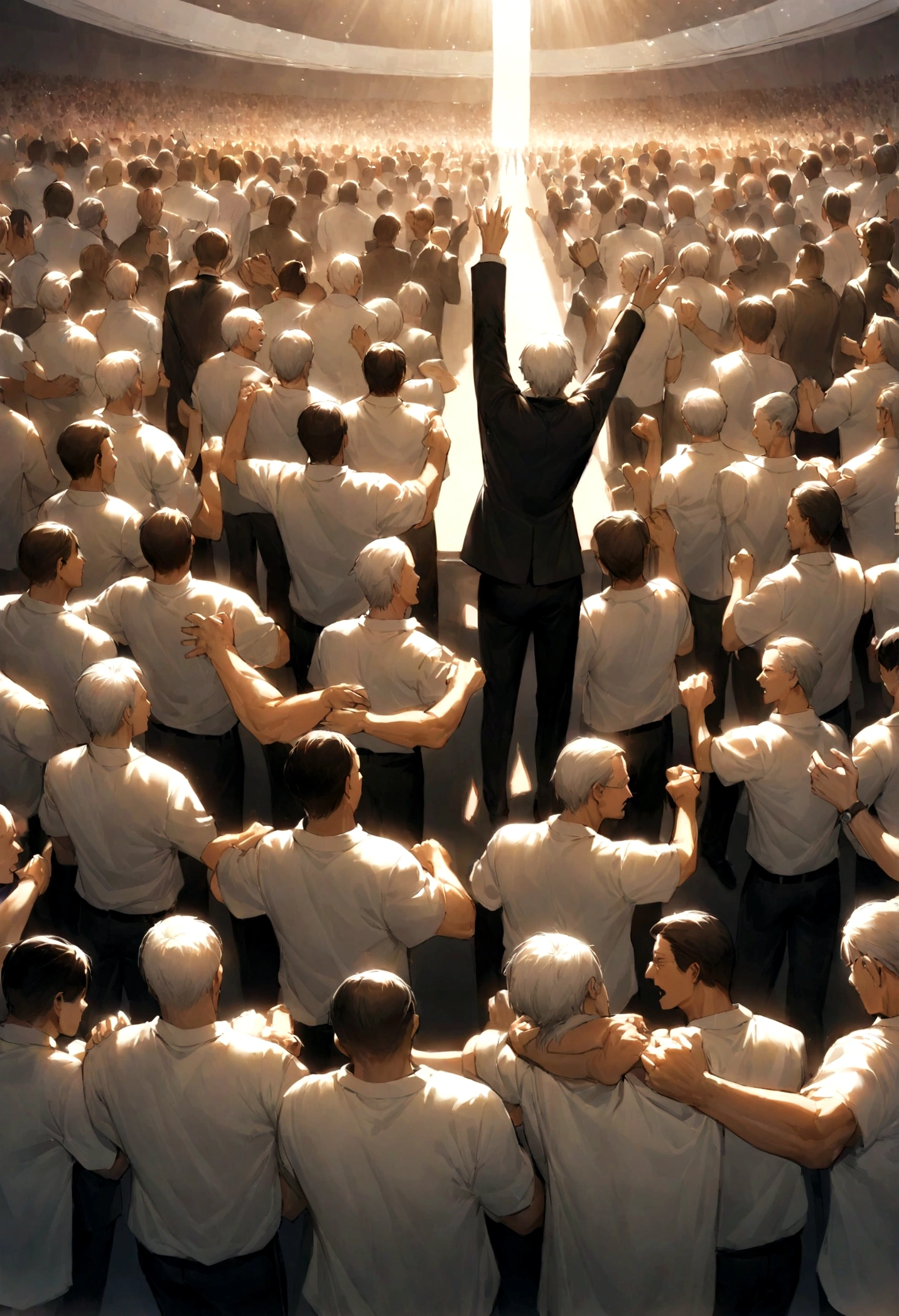 supporter、Believer、Revolutionary、Leaders with a Useful Competitive Advantage、leadership、Best Employee、Many businessmen cheering on a tall president with his arms folded、Everyone is wearing the same T-shirt