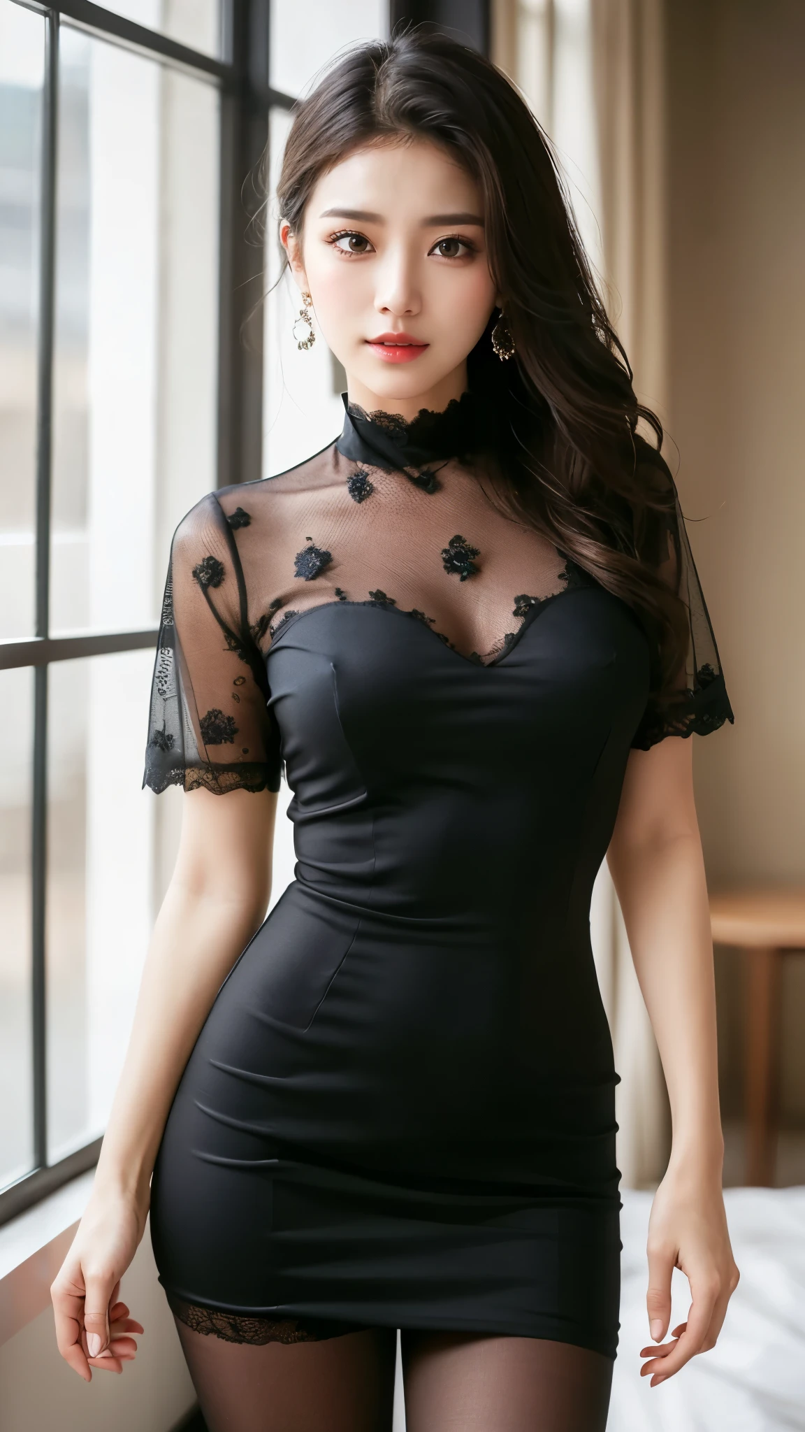 (((masterpiece))), (((highest quality: 1.4))), ((Very detailed: 1.4)) , ((Full Body Shot)), (Shot from the side), (See-through:1.3), ((One Woman)), Incredible beauty、Voluptuous mature woman、((choker、See-through lace dress、Red dress、Ultra-realistic shiny black pantyhose))、 Perfect look,double eyelidの目,Delicate makeup,Cool Beauty, Accurately expresses details such as face and skin texture,(The most beautiful face and eyes), double eyelid,Delicate skin,