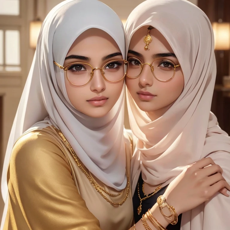 A beautiful high school glasses Arabian girl model, white skin, sharp nose, thin lips, circle face, tight bra, wearing hijab, golden indian bangle and bracelet, golden necklace, golden swiss polo watch, kissing a man, squinting eyes, detailed horny face
