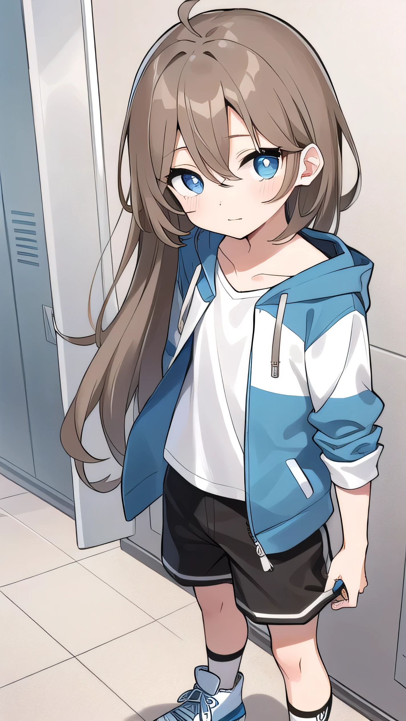Girl, ( light brown hair :1.5), (black eyes:1.1), (big eyes: 1.1), (sagging eyes: 1.5), (very long hair:1.1), hair between eyes, cyan long-sleeved hoodie, white T-shirt, dark blue shorts, white sneakers, (flat chest), (straight hair), very short, only , droopy eyes, wearing a jacket, 11 years old, wearing a jacket,, (short height:1.3),  young face , sleepy face, smooth straight hair, locker room, 