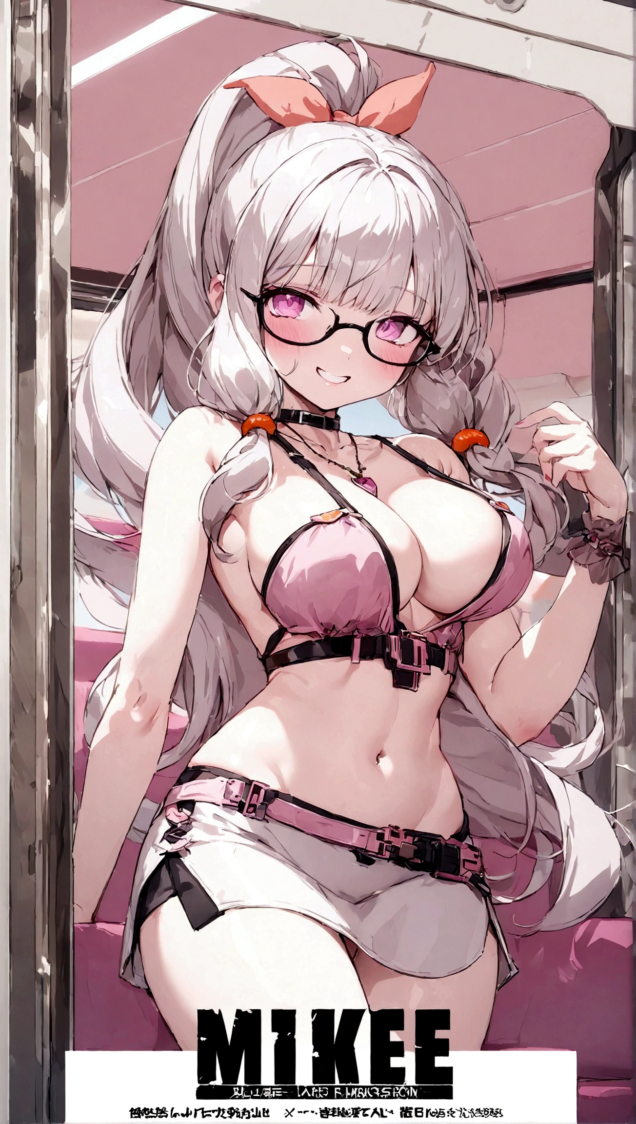 ((masterpiece)), ((highest quality)), (Super detailed), ((cute)), cute, (Lovely), ((sexy)), (device), ((Very detailed)), 4K, (8k), highest quality, (beautiful), Anime Style, Upper Body, Focus on the face, in the train, summer, a cute girl, One girl, alone, mini skirt, beautiful dark brown hair, beautiful purple eyes, ((beautiful eyes)), White skin, ponytail, Large Breasts, Glasses, necklace, Grin