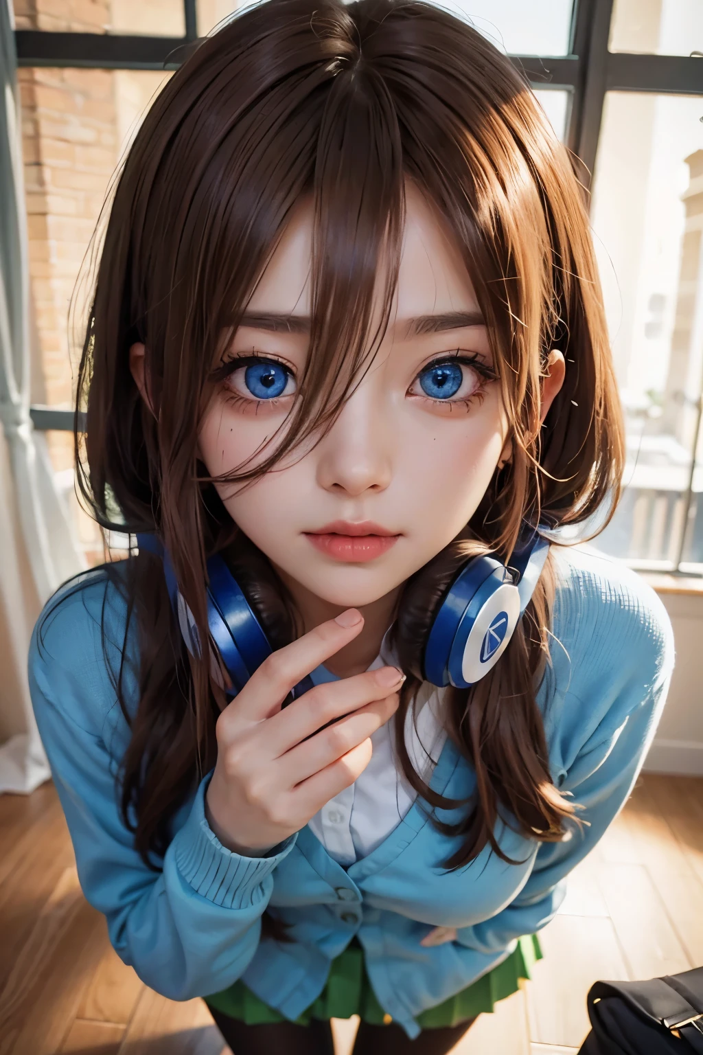 mikunakano, miku nakano, long hair, bangs, blue eyes, brown hair, shirt, hair between eyes, headphones, cardigan, headphones around neck,
BREAK skirt, shirt, long sleeves, white shirt, pantyhose, pleated skirt, black pantyhose, cardigan, green skirt, blue cardigan,
BREAK indoors, classroom,
BREAK looking at viewer, BREAK (masterpiece:1.2), best quality, high resolution, unity 8k wallpaper, (illustration:0.8), (beautiful detailed eyes:1.6), extremely detailed face, perfect lighting, extremely detailed CG, (perfect hands, perfect anatomy),