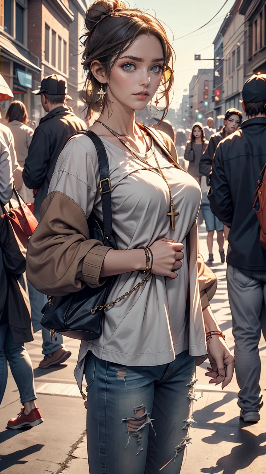 (masterpiece:1.2, highest quality), 1 Female, alone, Upper Body, Big Breasts, A chic and edgy leather jacket、Style it with a classic white tee and distressed jeans.。With minimal makeup and a loose bun、Creates confidence and ease。 (Music festivals and trendy downtown districts) Eye-catching sunglasses and chunky jewelry, Comes with a convenient crossbody bag