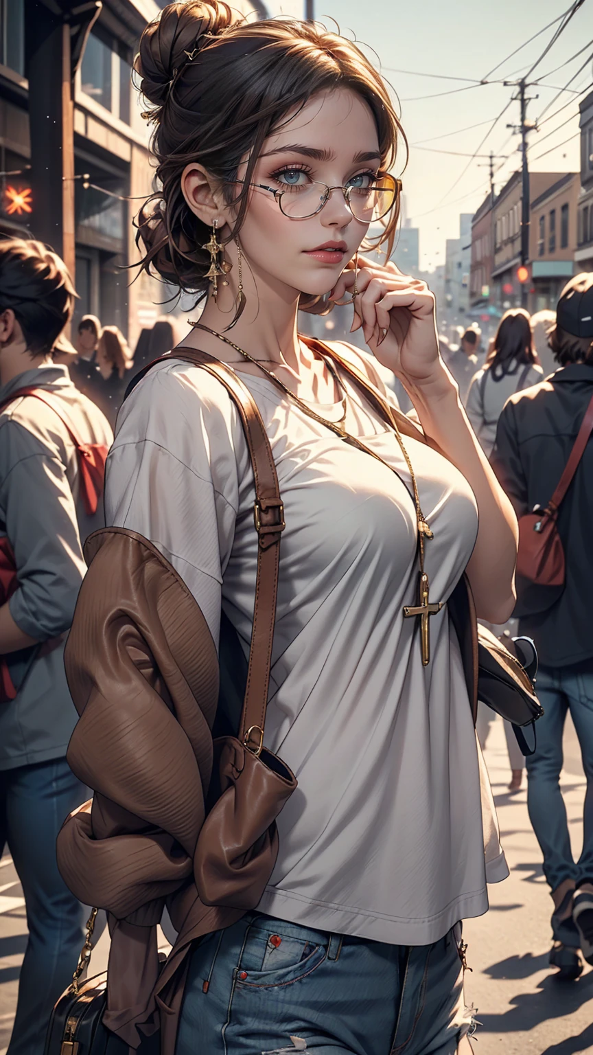 (masterpiece:1.2, highest quality), 1 Female, alone, Upper Body, Big Breasts, A chic and edgy leather jacket、Style it with a classic white tee and distressed jeans.。With minimal makeup and a loose bun、Creates confidence and ease。 (Music festivals and trendy downtown districts) Eye-catching sunglasses and chunky jewelry, Comes with a convenient crossbody bag