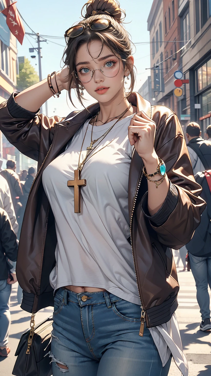 (masterpiece:1.2, highest quality), 1 Female, alone, Upper Body, Big Breasts, A chic and edgy leather jacket、Style it with a classic white tee and distressed jeans.。With minimal makeup and a loose bun、Creates confidence and ease。 (Music festivals and trendy downtown districts) Eye-catching sunglasses and chunky jewelry, Comes with a convenient crossbody bag