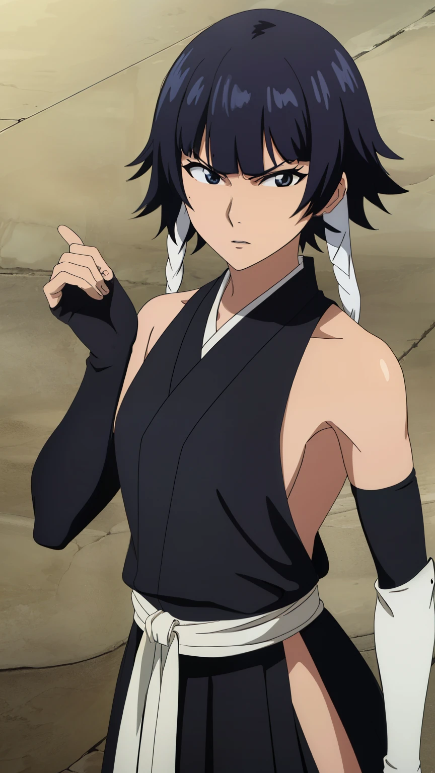 soifon, soifon, short hair, bangs, black hair, short hair with long locks, (black eyes:1.2),(slender:1.2),  (glaring,black japanese clothes, nosleeve, elbow gloves, and fingerless gloves, black hakama, hakama, horizontal milk, backless robe), 
battle, dynamic angles,outdoors, looking at viewer,
 (masterpiece best quality, 8k:1.2),(anime), high resolution, unity 8k wallpaper, (illustration:0.8), (beautiful detailed eyes:1.2), extremely detailed face, perfect lighting, extremely detailed CG, (perfect hands, perfect anatomy),