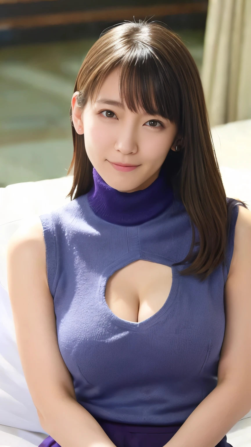 nsfw,1 female,beauty,Beautiful Face,Detailed face、10th Generation、smile、(An embarrassed look with blushing cheeks:1.35)、Crouch down and observe the audience,A dignified appearance、((Plump Style))、(Heavy, sagging breasts:1.5),(Sleeveless knitted turtleneck:1.4)，Grey clothes、(translucent:1.5),(Cleavage:1.35),Thighs, thighs, thighs、、Moderate wrinkles on the skin、Sweating、Front view,Ultra-realistic,Ultra-high resolution,highest quality,8k,masterpiece，(Shot in bed:1.3)