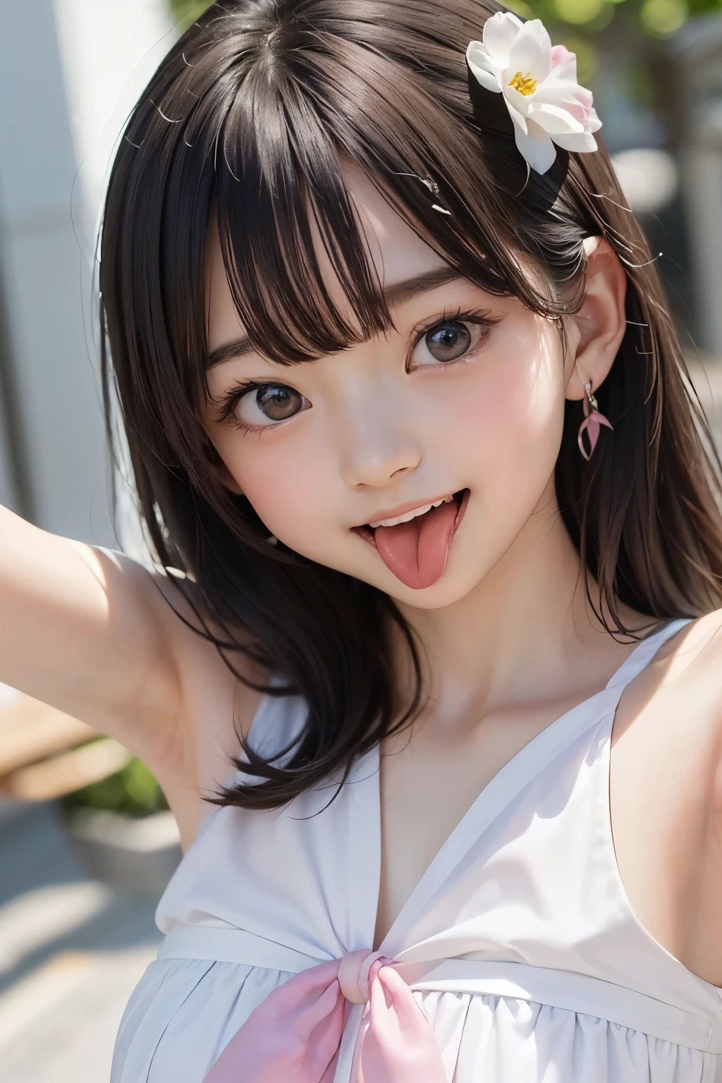 highest quality, 8K, pretty girl、((ベッドの上にOn your back:1.3)), (bedroom:1.2), (spread arms), ((On your back)), (armpit:1.32) , (Face close-up), 、(Beautiful girl ), cleavage, (Big eyes:1.2)、Big eyes shining in beautiful pale white, ((Watching the audience:1.2), Mid-chest, Tear bags、Softray、Beautiful girl 8 years old Unparalleled beauty、(Laughter:1.32)、( tongue out:1.32), Open your mouth:1.1, (armpit:1.5), ,(long tongue:1.32),Natural Makeup、Gloss Lip, Silky, shiny skin、Asymmetrical Bangs、snow-white beautiful skin、Large Breasts、Bust Shot、((Upper Body)), race、Sheer frill cami、Cheerleader、 Wavy Hair, , (smile:1.32)、(Open your mouth:1.2)、世界で最も美しい顔を持つpretty girl、Earrings, ( Face close-up), ((Angle from the front:1.3)), (Flowers of all kinds々Surrounded by:1.3), cornrows, happy:1.2, open mouth, 恥ずかしそうなsmile, tareme, (armpit:1.5), (selfie),(pink long tongue:1.42), (( tongue out:1.32)), saliva、小さなEarrings