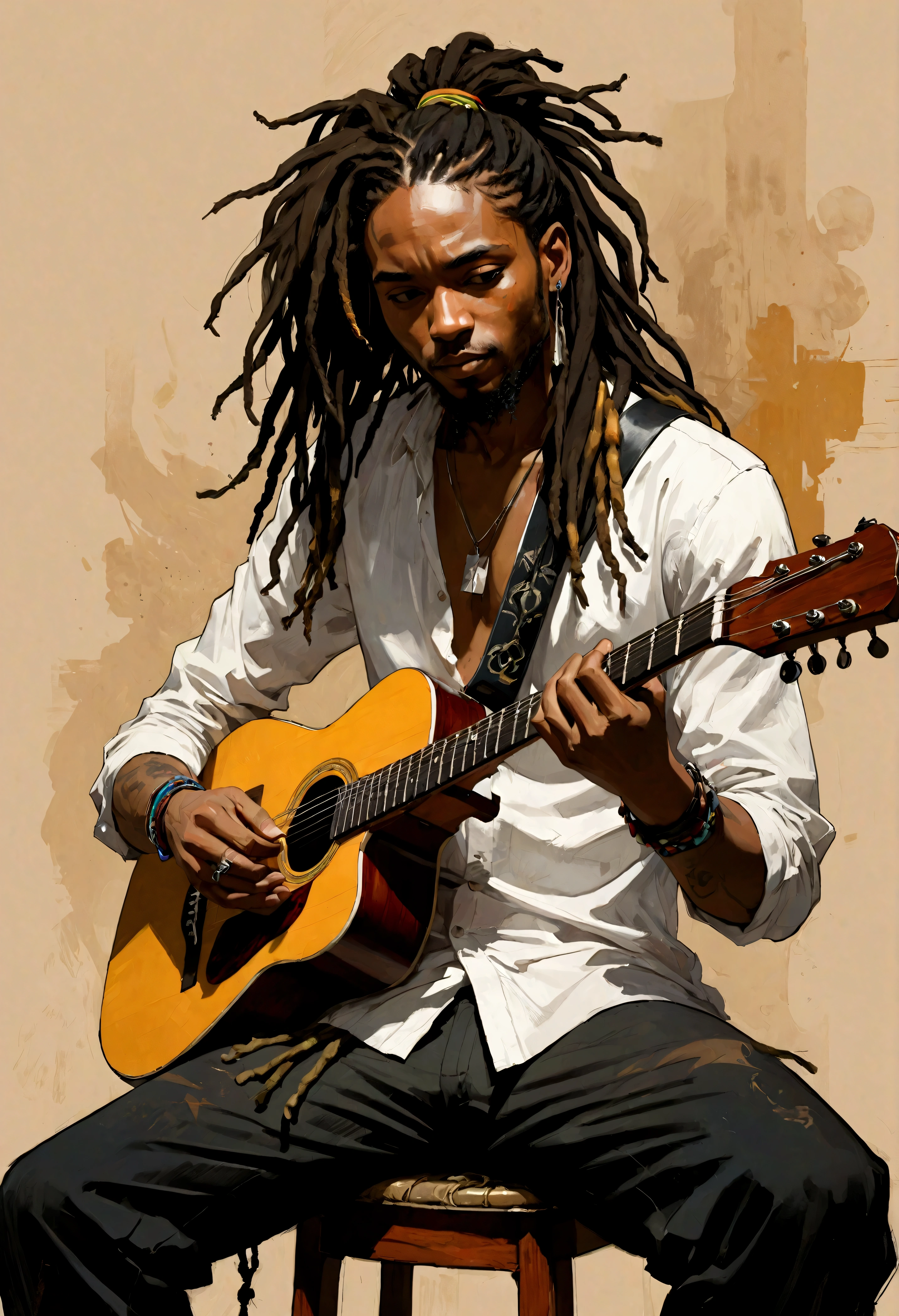 Image of a black man with dreadlocks playing a guitar, Russ Mills style, Michael Garmash, attractive sketches, Monoha, modern Asian art, Lilia Alvarado, concise pincelada --AR 69:128 --s 750 --V 5. 2, reggae core pincelada