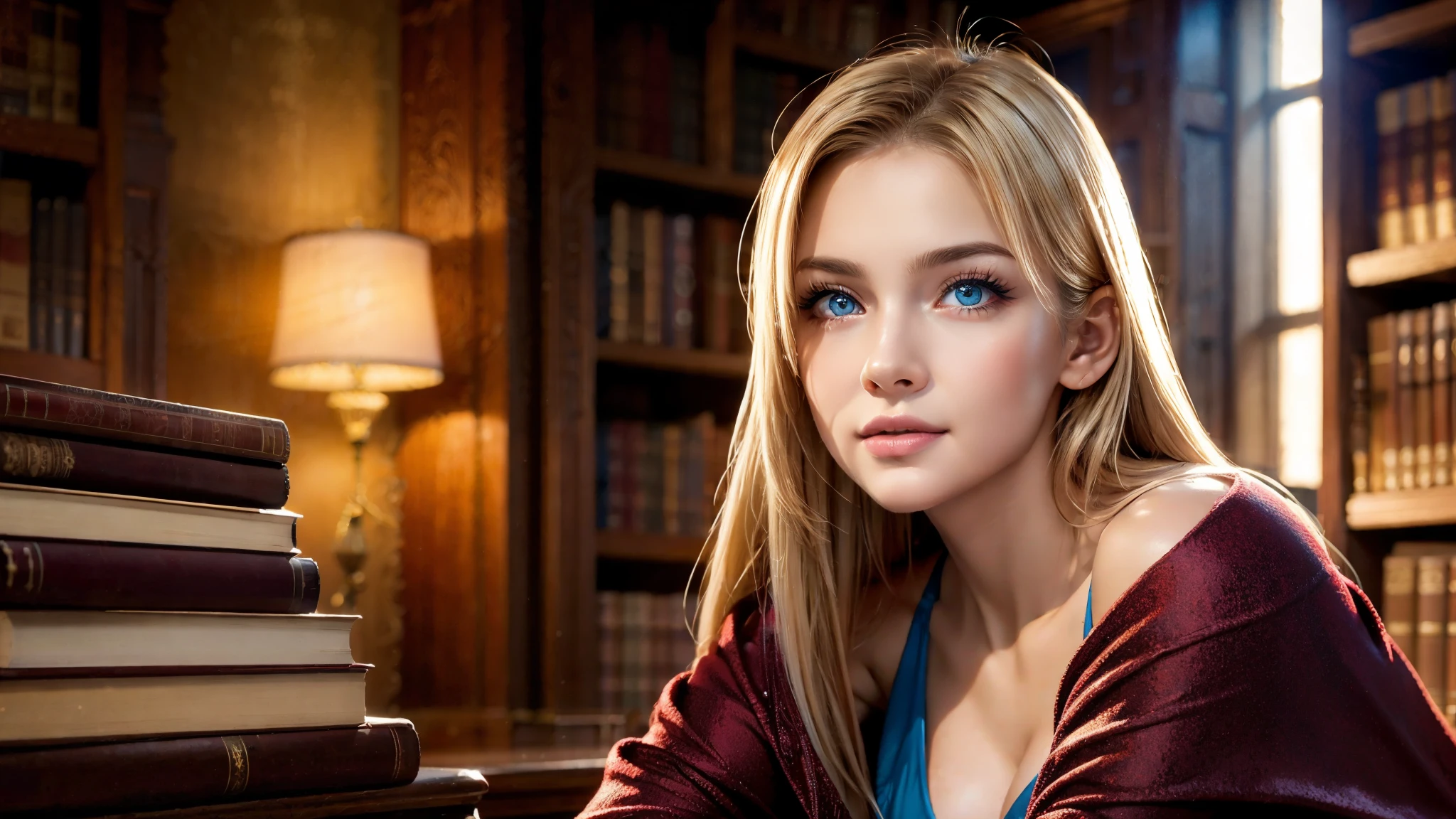 dressed, maroon hood up, (photo realistic:1.4), (hyper realistic:1.4), (realistic:1.3), (smoother lighting:1.05), (increase cinematic lighting quality:0.9), 32K, 1girl,20yo girl, realistic lighting, backlighting, light on face, ray trace, girl wearing a maroon off shoulder robe, wolf blonde hair with blue eyes, black corset, trimmed leg wear, huge maroon hood up, gorgeous face, high resolution, detailed face, not smiling, long hall library background, hair covering half of the face (brightening light:1.2), (Increase quality:1.4), (best quality real texture skin), finely detailed eyes, finely detailed face, (tired and sleepy and satisfied:0.0), face closeup, t-shirts, (Increase body line mood:1.1), shiny skin