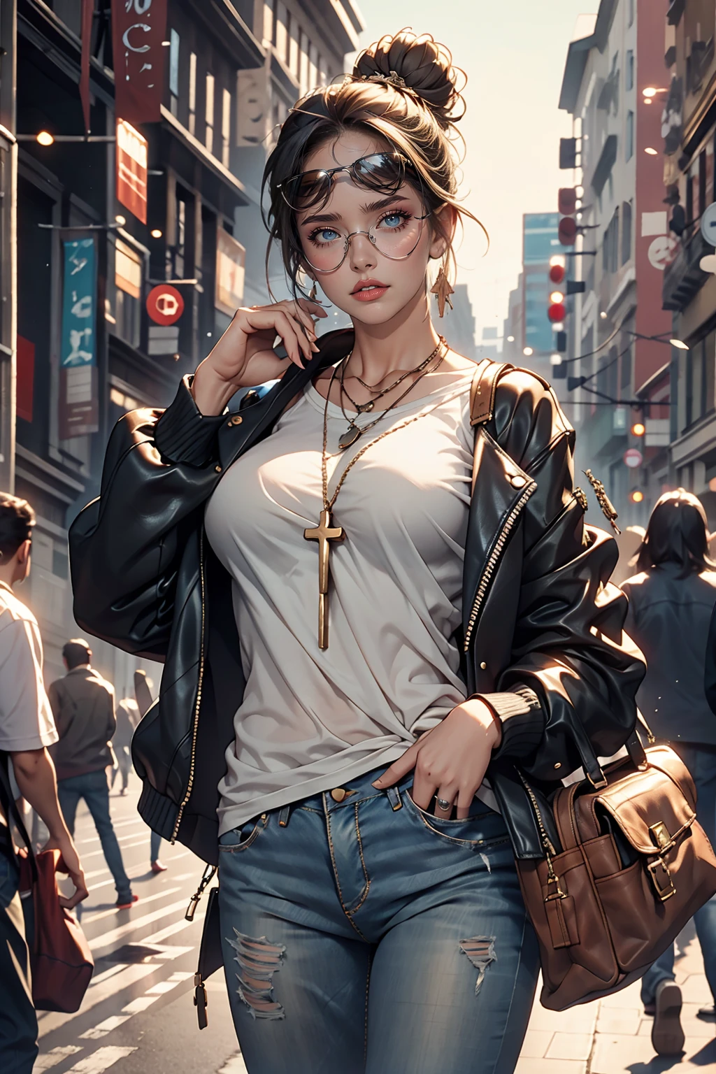 (masterpiece:1.2, highest quality), 1 Female, alone, Upper Body, Big Breasts, A chic and edgy leather jacket、Style it with a classic white tee and distressed jeans.。With minimal makeup and a loose bun、Creates confidence and ease。 (Music festivals and trendy downtown districts) Eye-catching sunglasses and chunky jewelry, Comes with a convenient crossbody bag