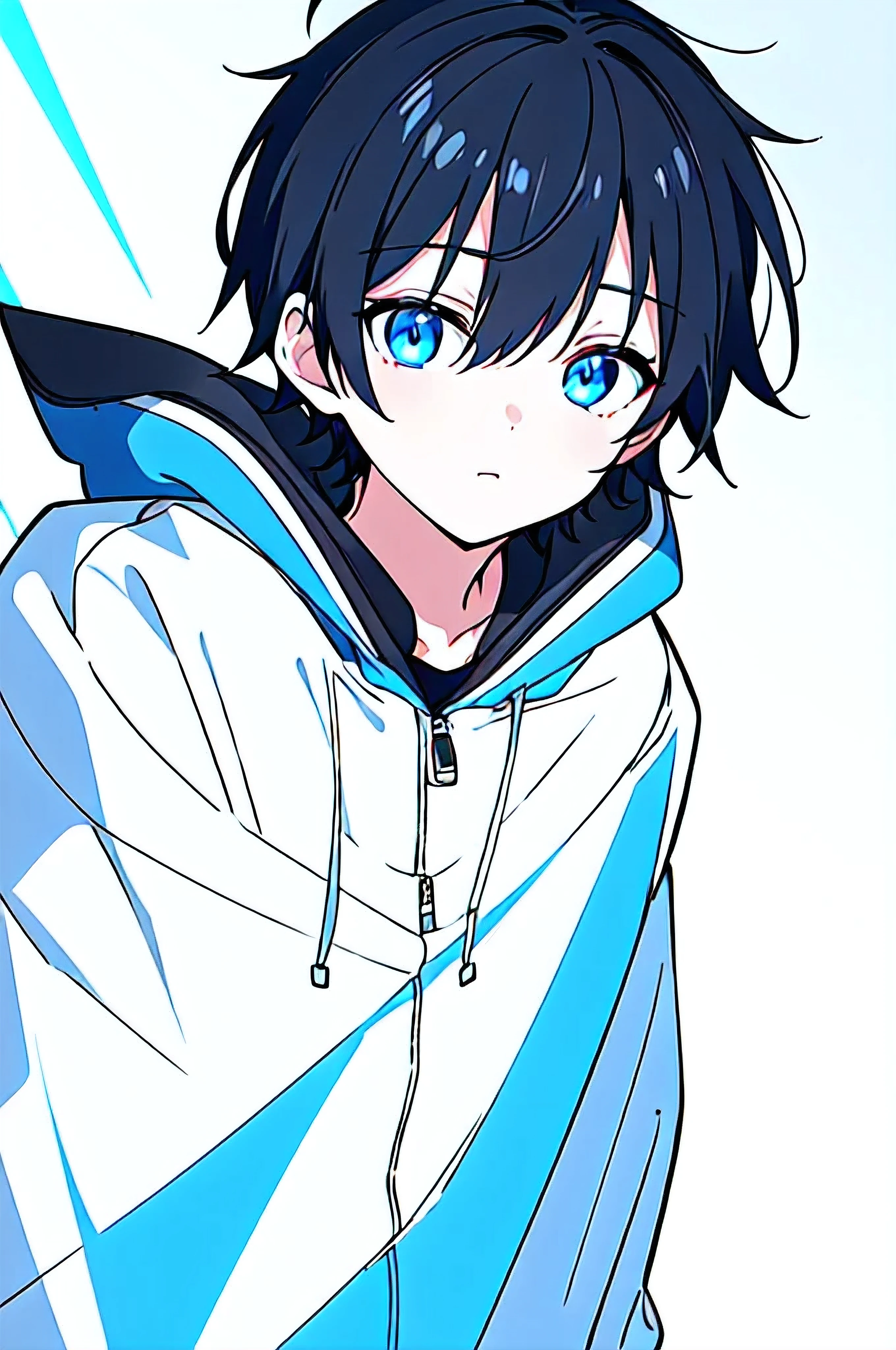 [(WHITE BACKGROUND:1.5),::5], ((((masterpiece)))), high quality, ultra_very_high_resolution, large_filesize, upper body, (blue base), full color, ((solo)), ((little boy)), (((black short hair))), blue eyes, anime, neon light, black parka,