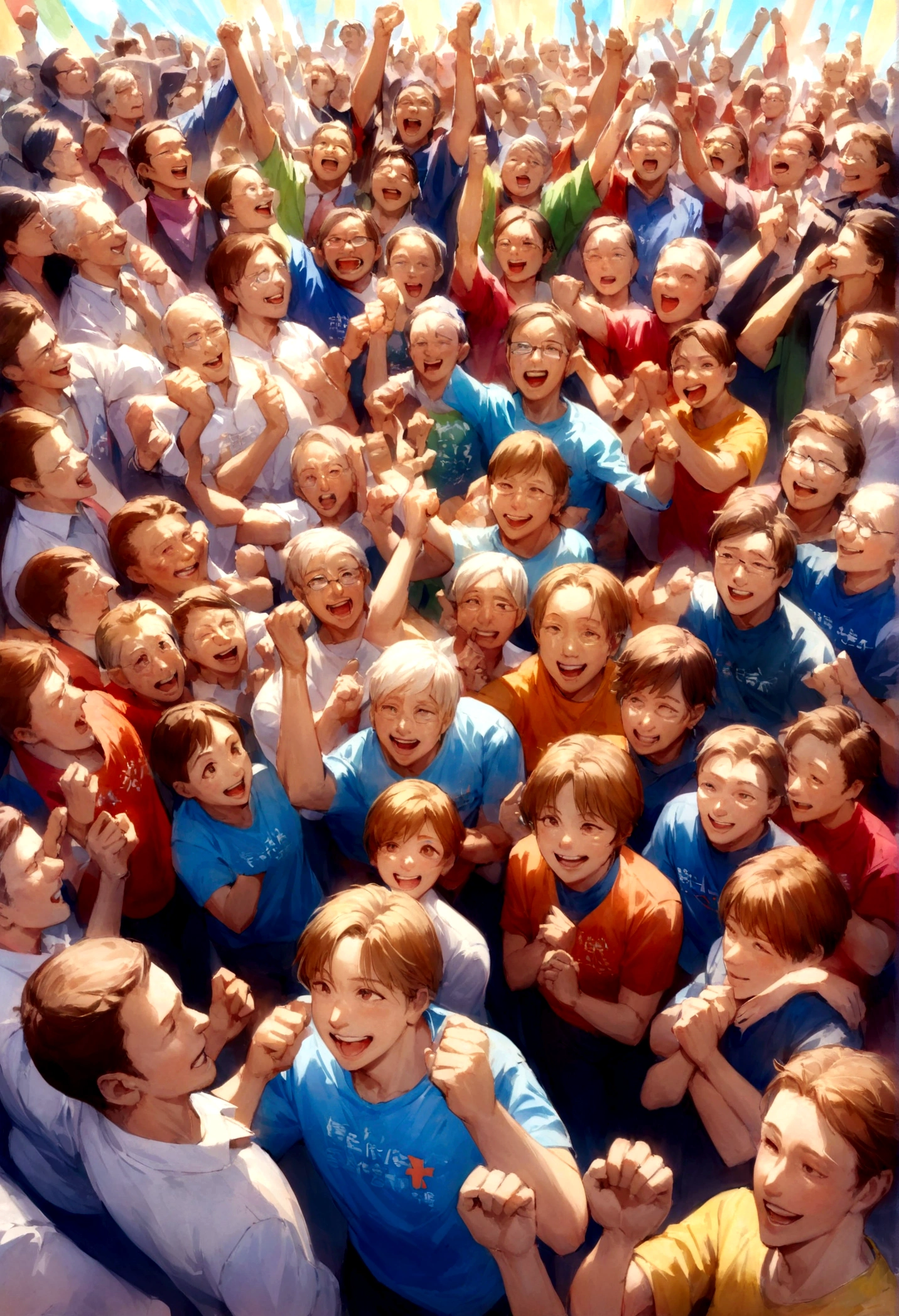 All in pink T-shirts、supporter、Believer、Revolutionary、Leaders with a Useful Competitive Advantage、leadership、Best Employee、Many businessmen cheering on a tall president with his arms folded、Everyone is wearing the same T-shirt