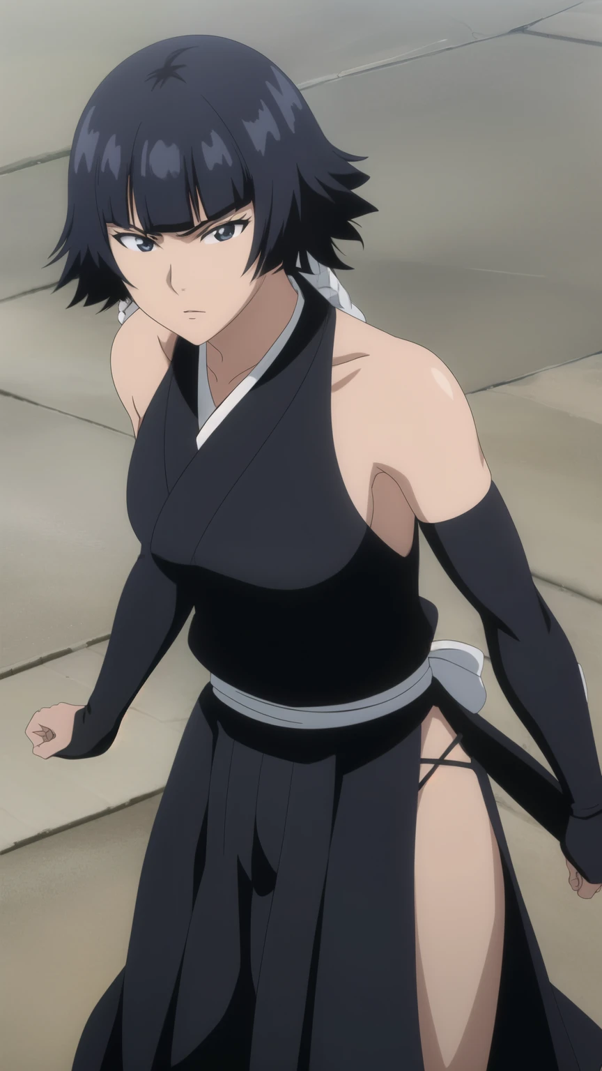 soifon, soifon, short hair, bangs, black hair, short hair with long locks, black eyes, (glaring,black japanese clothes, bare shoulders, elbow gloves, black hakama, hakama,
serious, black kimono, No sleeve, sash, black hakama, perfect face,armpit, Horizontal milk, backless robe),
dynamic poses, dynamic angles,outdoors, looking at viewer,
(masterpiece best quality, 8k:1.2),(anime), high resolution, unity 8k wallpaper, (illustration:0.8), (beautiful detailed eyes), extremely detailed face, perfect lighting, extremely detailed CG, (perfect hands, perfect anatomy),