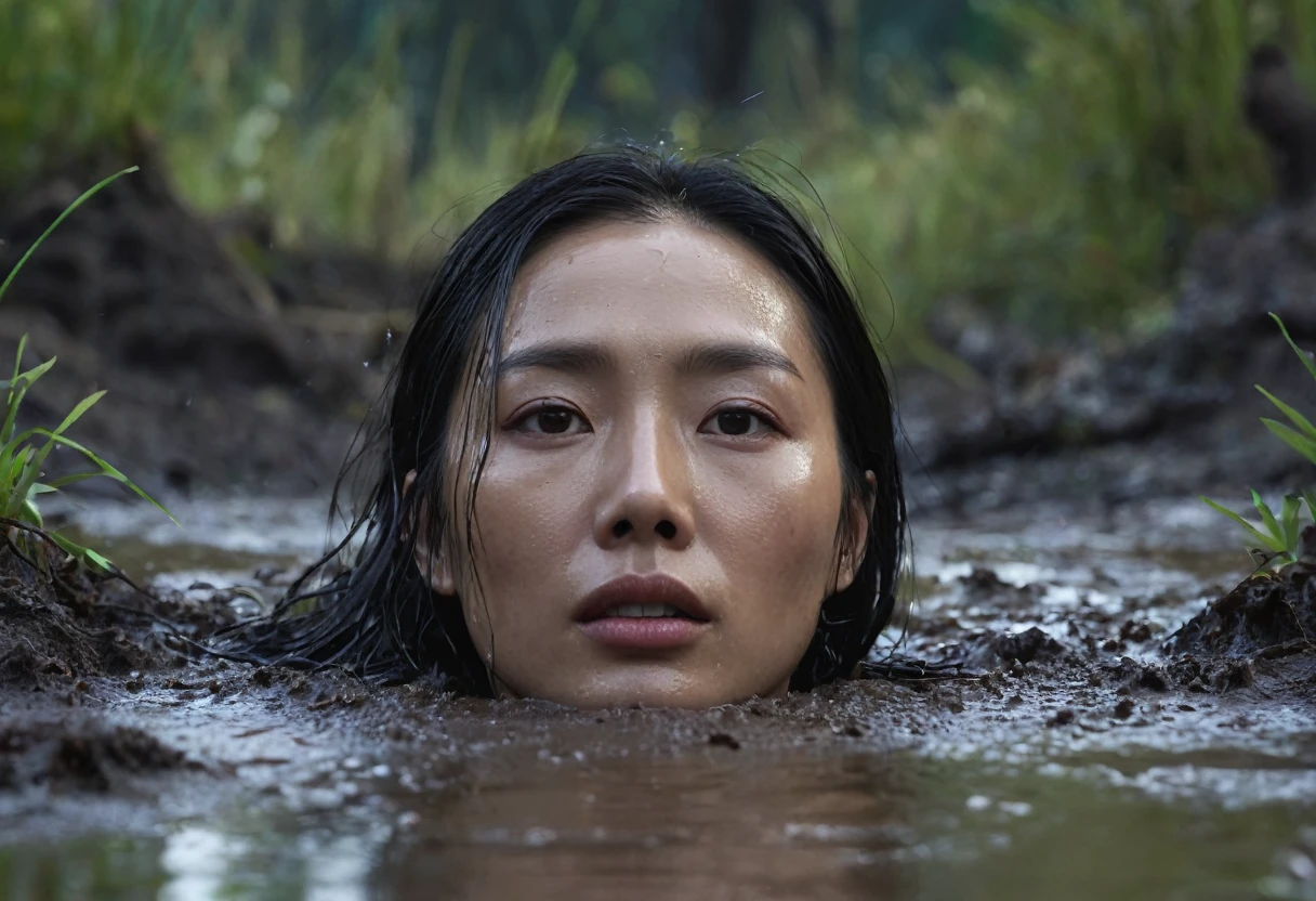 a woman's head drowned in a muddy bog, from afar view:1.0, asian facial features, orgasmic facial expression, losing control, (best quality,4k,8k,highres,masterpiece:1.2),ultra-detailed,(realistic,photorealistic,photo-realistic:1.37),HDR,UHD,studio lighting,ultra-fine painting,sharp focus,physically-based rendering,extreme detail description,professional,vivid colors,bokeh,dark fantasy,dramatic lighting,cinematic