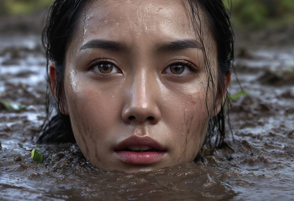 a woman's head drowned in a muddy bog, from afar view:1.0, asian facial features, orgasmic facial expression, losing control, (best quality,4k,8k,highres,masterpiece:1.2),ultra-detailed,(realistic,photorealistic,photo-realistic:1.37),HDR,UHD,studio lighting,ultra-fine painting,sharp focus,physically-based rendering,extreme detail description,professional,vivid colors,bokeh,dark fantasy,dramatic lighting,cinematic
