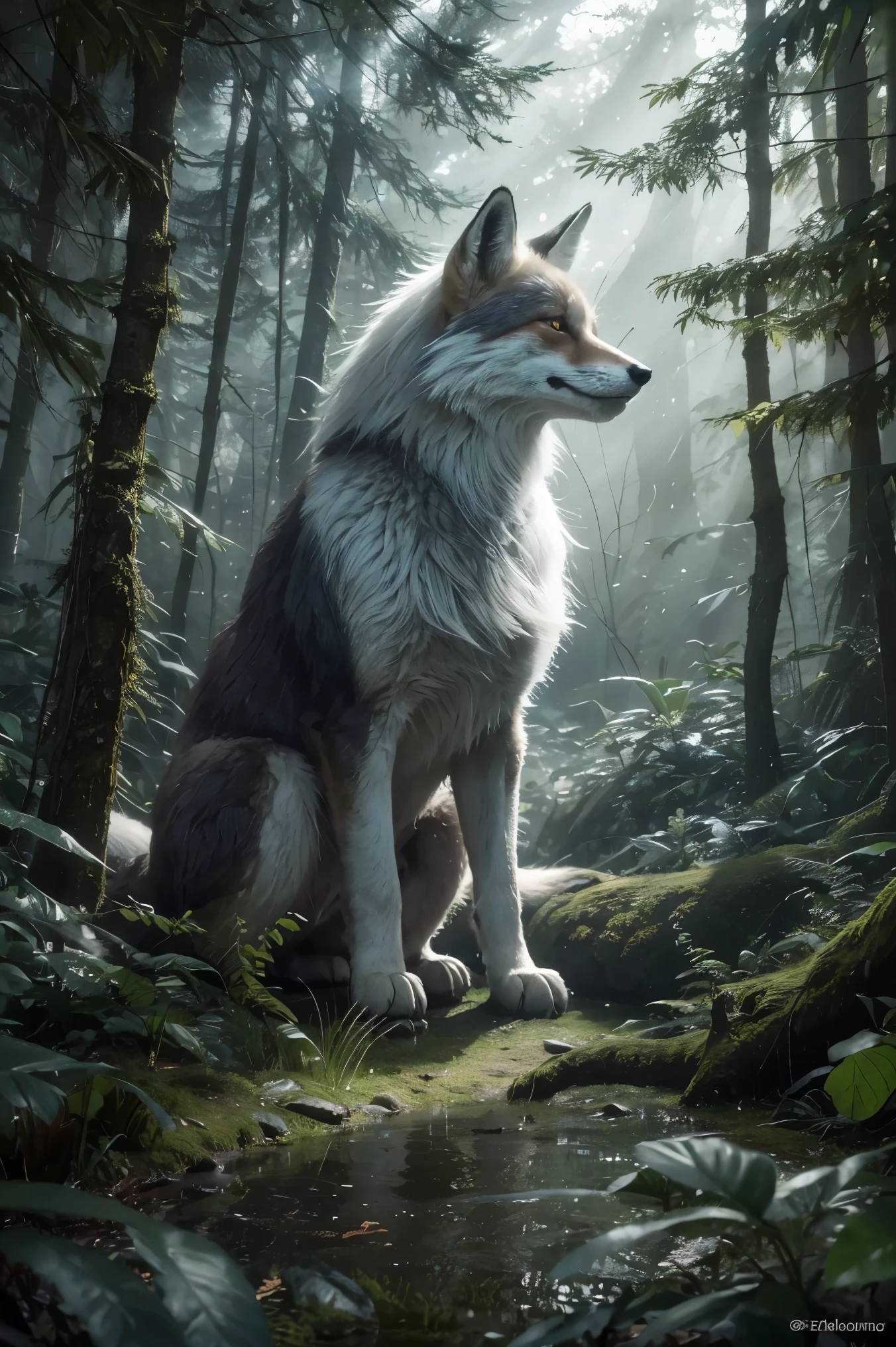 photo of a creature, monster, magic-fantasy-forest, digital art, most amazing artwork in the world, ((no humans)),volumetric light, soft balanced colours, forest scenery, vines, uhd, 8k octane render, magical, amazing, ethereal, intricate, intricate design, ultra sharp, shadows, cooler colors, trending on cgsociety, glowing eyes, ((best quality)), ((masterpiece)), (detailed), fox  with white hair