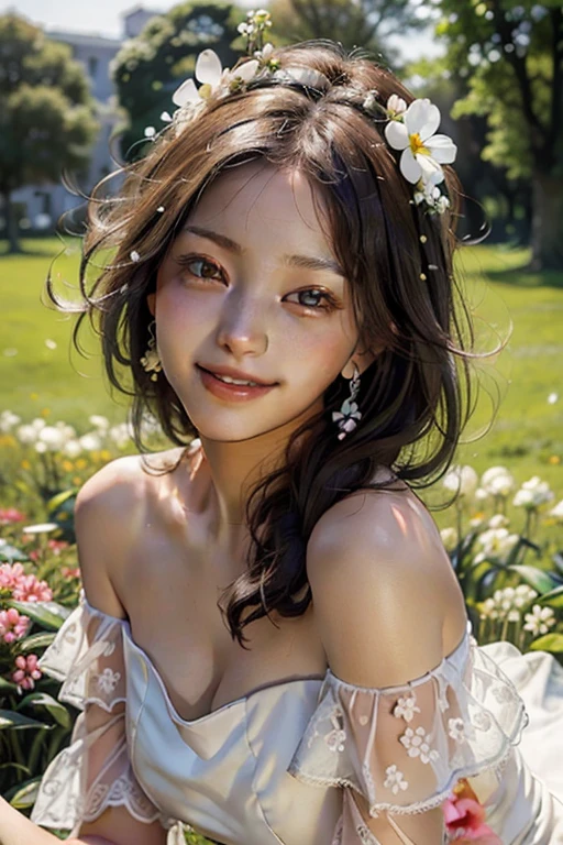 Best quality, masterpiece, ultra high res, (photorealistic:1.4), raw photo, 1girl, white dress, off shoulder, blossom flower field, glowing skin, light smile,Beautiful face,Real,