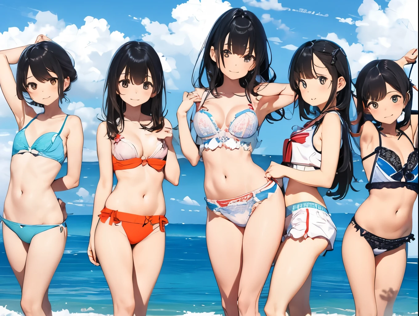 Four sisters in cute underwear and cute bras、Cute white bra with ribbon、White and light blue checked bra、Cute orange bra、White underwear with cute ribbon、White and light blue striped pants、Cute orange underwear、Sandy beach, calm and clear sea and blue sky、barefoot、 Perspective