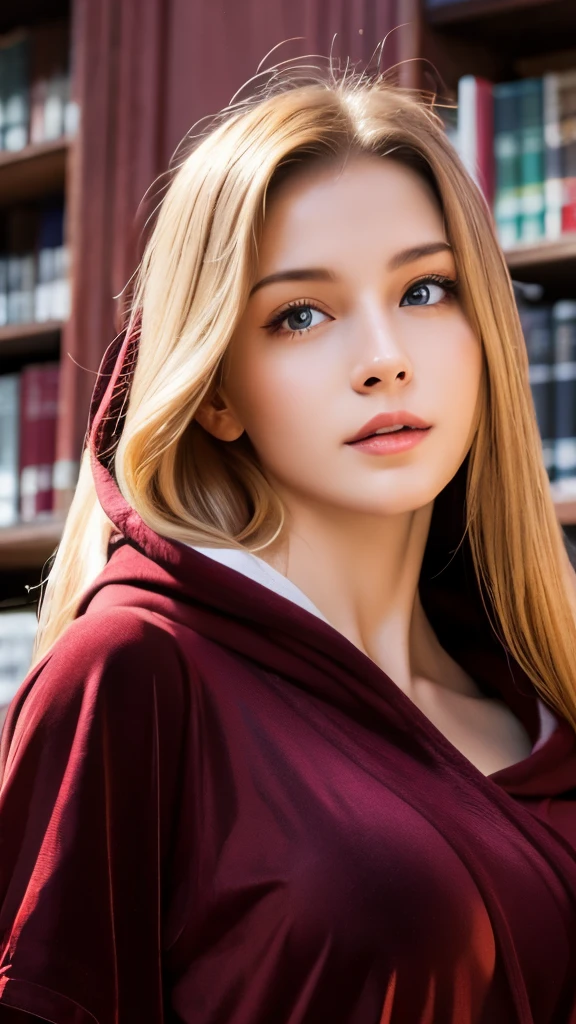 1 girl, dressed, huge maroon hood up, (photo realistic:1.4), (hyper realistic:1.4), (realistic:1.3), (smoother lighting:1.05), (increase cinematic lighting quality:0.9), 32K, 1girl,20yo girl, realistic lighting, backlighting, light on face, ray trace, girl wearing a maroon off shoulder robe, wolf blonde hair with blue eyes, black corset, trimmed leg wear, huge maroon hood up, gorgeous face, high resolution, detailed face, not smiling, long hall library background, hair covering half of the face (brightening light:1.2), (Increase quality:1.4), (best quality real texture skin), finely detailed eyes, finely detailed face, (tired and sleepy and satisfied:0.0), face closeup, t-shirts, (Increase body line mood:1.1), shiny skin