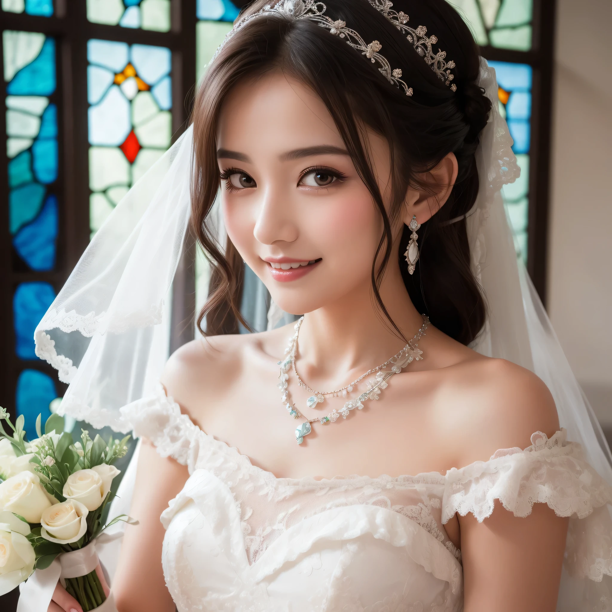 (kawaii face), (flat chest:1.2), happy smile, makeup, (Beautiful frills and lace cute wedding dress, bare shoulders:1.3), (tiaras, necklaces, earrings), Ultra High Definition, Superior Quality, Premier Quality, ultra detailed, Photorealistic, 8k, RAW Photos, highest quality, masterpiece, professional photography, Realistic portrait, Beautiful detailed, Close up portrait of girl, (chapel, stained glass), bouquet, flower decoration, beautiful bride pictures, (Fine face:1.2),
