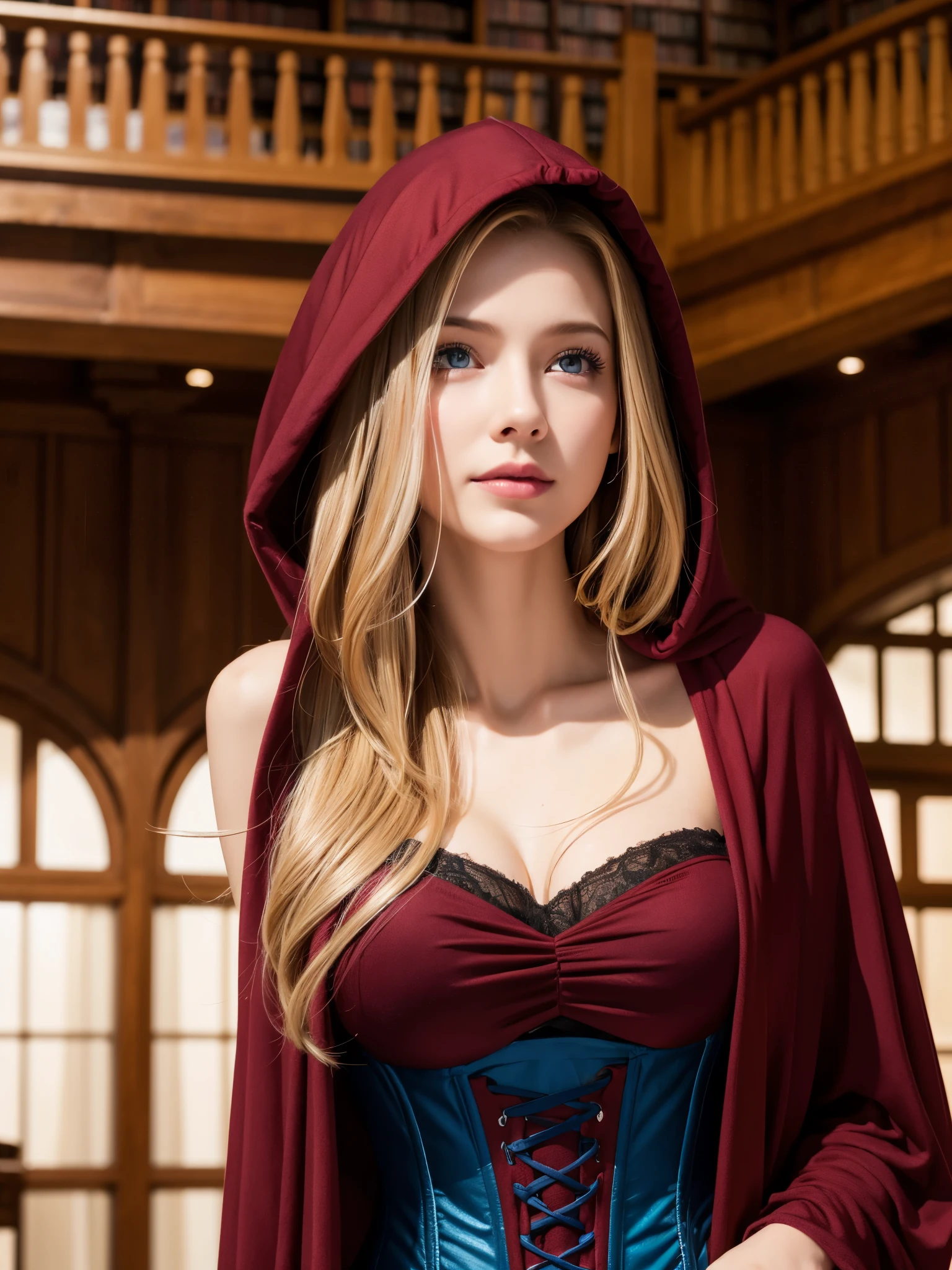 1 girl, wearing huge maroon hood up, (photo realistic:1.4), (hyper realistic:1.4), (realistic:1.3), (smoother lighting:1.05), (increase cinematic lighting quality:0.9), 32K, 1girl,20yo girl, realistic lighting, backlighting, light on face, ray trace, girl wearing a maroon off shoulder robe, wolf blonde hair with blue eyes, black corset, trimmed leg wear, huge maroon hood up, gorgeous face, high resolution, detailed face, not smiling, long hall library background, hair covering half of the face (brightening light:1.2), (Increase quality:1.4), (best quality real texture skin), finely detailed eyes, finely detailed face, (tired and sleepy and satisfied:0.0), face closeup, t-shirts, (Increase body line mood:1.1), shiny skin