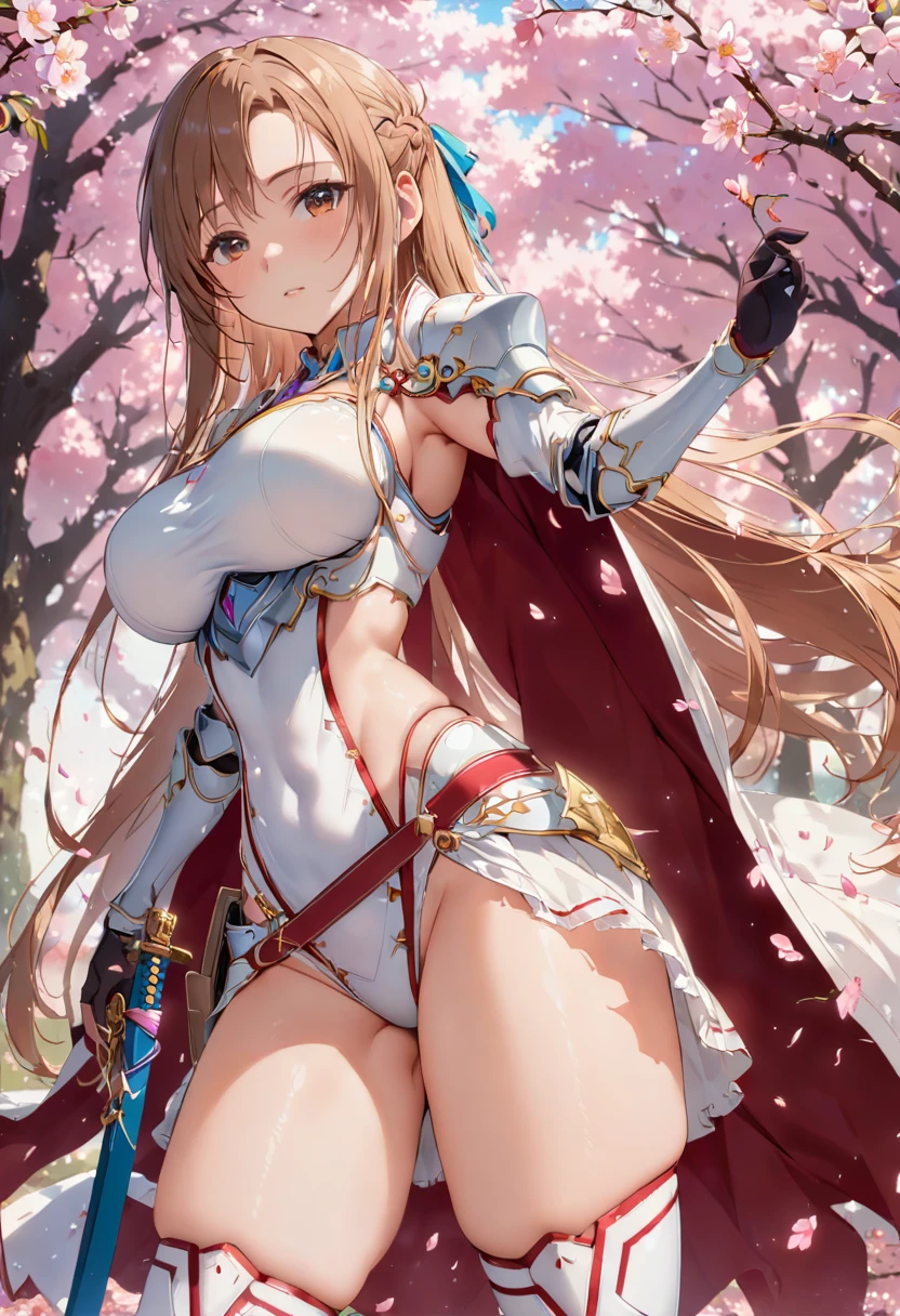 alone, 1 girl, Stacia, Yuuki Asuna, keep, arms, Focus on women, sword, Cape, armor, Lambent Light, Handguard, sheath, armor, full armor, Integrated Knight,Cherry blossoms bloom all over the ground,Background of falling cherry blossom petals (((masterpiece))), ((highest quality)), ((Intricate details)) (8k)