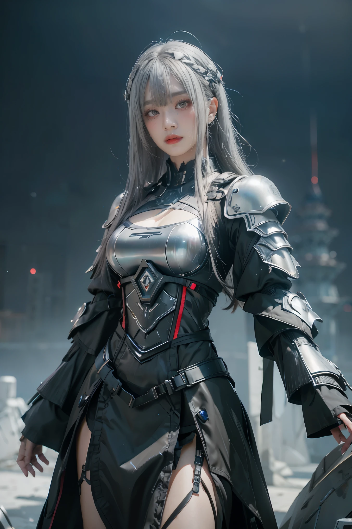 Masterpiece,Game art,The best picture quality,Highest resolution,8K,(Portrait),Unreal Engine 5 rendering works,(Digital Photography),((Portrait Feature:1.5)),
20 year old girl,Short hair details,With long bangs,(The red eye makeup is very meticulous),(With long gray hair:1.4),(Large, full ),Elegant and noble,Brave and charming,
(Future armor combined with the characteristics of ancient Chinese armor,Hollow design,Power Armor,The mysterious Eastern runes,A delicate dress pattern,A flash of magic),Warrior of the future,Cyberpunk figures,Background of war,
Movie lights,Ray tracing,Game CG,((3D Unreal Engine)),OC rendering reflection pattern