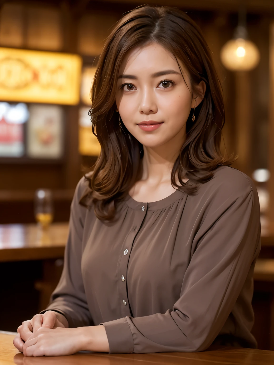 Tabletop, highest quality, Realistic, Very detailed, Fine details, High resolution, 8k wallpaper, 1. Beautiful woman, Wear a casual shirt, In a great pub, (View your audience), At night, Light brown messy hair, Perfect dynamic composition, Beautiful details