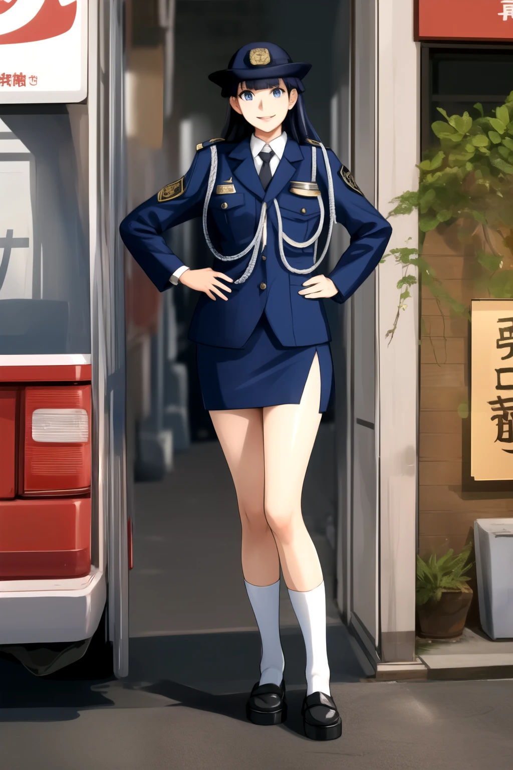 japanese police uniform，masterpiece, best quality, absurdres, perfect antomy, Martha, cowboy shot, standing, smile, Japanese female police officer, liquid metal legs, tight skirt,Her arms are liquid metal,no cap