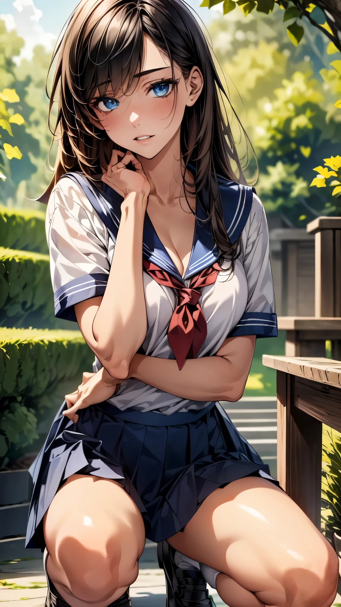 (masterpiece:1.3, top-quality, ultra high res, ultra detailed), (realistic, photorealistic:1.4), beautiful illustration, perfect lighting, colorful, depth of fields,
beautiful detailed hair, beautiful detailed face, beautiful detailed eyes, beautiful clavicle, beautiful body, beautiful chest, beautiful thigh, beautiful legs, beautiful fingers,
looking at viewer, 1 girl, high school girl, perfect face, (perfect anatomy, anatomically correct), cute and symmetrical face, babyface, , shiny skin,
(long hair:1.5, straight hair:1.6, black hair), asymmetrical bangs, , blue eyes, drooping eyes, long eye lasher, (medium breasts), slender,
(detailed cloth texture), short sleeve, blue sailor suit, pleated skirt, red sailor scarf,
(beautiful scenery), summer, evening, (school yard:1.2), squatting, (wince, panicking, parted lips),