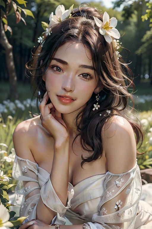 Best quality, masterpiece, ultra high res, (photorealistic:1.4), raw photo, 1girl, white dress, off shoulder, blossom flower field, glowing skin, light smile,Beautiful face,Real,Highly detailed female photos,