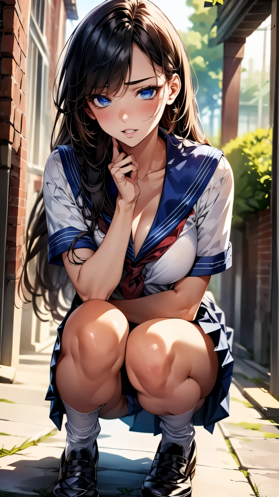 (masterpiece:1.3, top-quality, ultra high res, ultra detailed), (realistic, photorealistic:1.4), beautiful illustration, perfect lighting, colorful, depth of fields, 
beautiful detailed hair, beautiful detailed face, beautiful detailed eyes, beautiful clavicle, beautiful body, beautiful chest, beautiful thigh, beautiful legs, beautiful fingers, 
looking at viewer, 1 girl, high school girl, perfect face, (perfect anatomy, anatomically correct), cute and symmetrical face, face, , shiny skin, 
(long hair:1.5, straight hair:1.6, black hair), asymmetrical bangs, , blue eyes, drooping eyes, long eye lasher, (medium breasts), slender, 
(detailed cloth texture), short sleeve, blue sailor suit, pleated skirt, red sailor scarf, 
(beautiful scenery), summer, evening, (school yard:1.2), squatting, (wince, panicking, parted lips), 