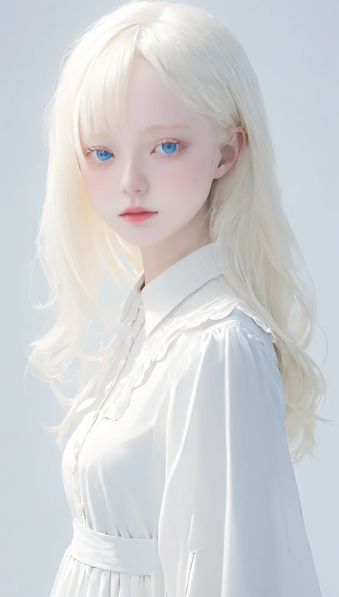 (((White Background:1.3)))、(((1 albino girl、Cute Face、pretty girl))), ,(((The eyes are white:1.3)))、White Dress、((White shirt:1.3、White Block Dress)), Tyndall effect, Realistic, Shadow Studio,ultramarine、illumination, Dual tone illumination, (Skin with attention to detail: 1.2)、薄Dark illumination、Dark illumination、 photograph, High resolution, 4K, 8k, Background Blur,Beautiful fade out、White world、White Background