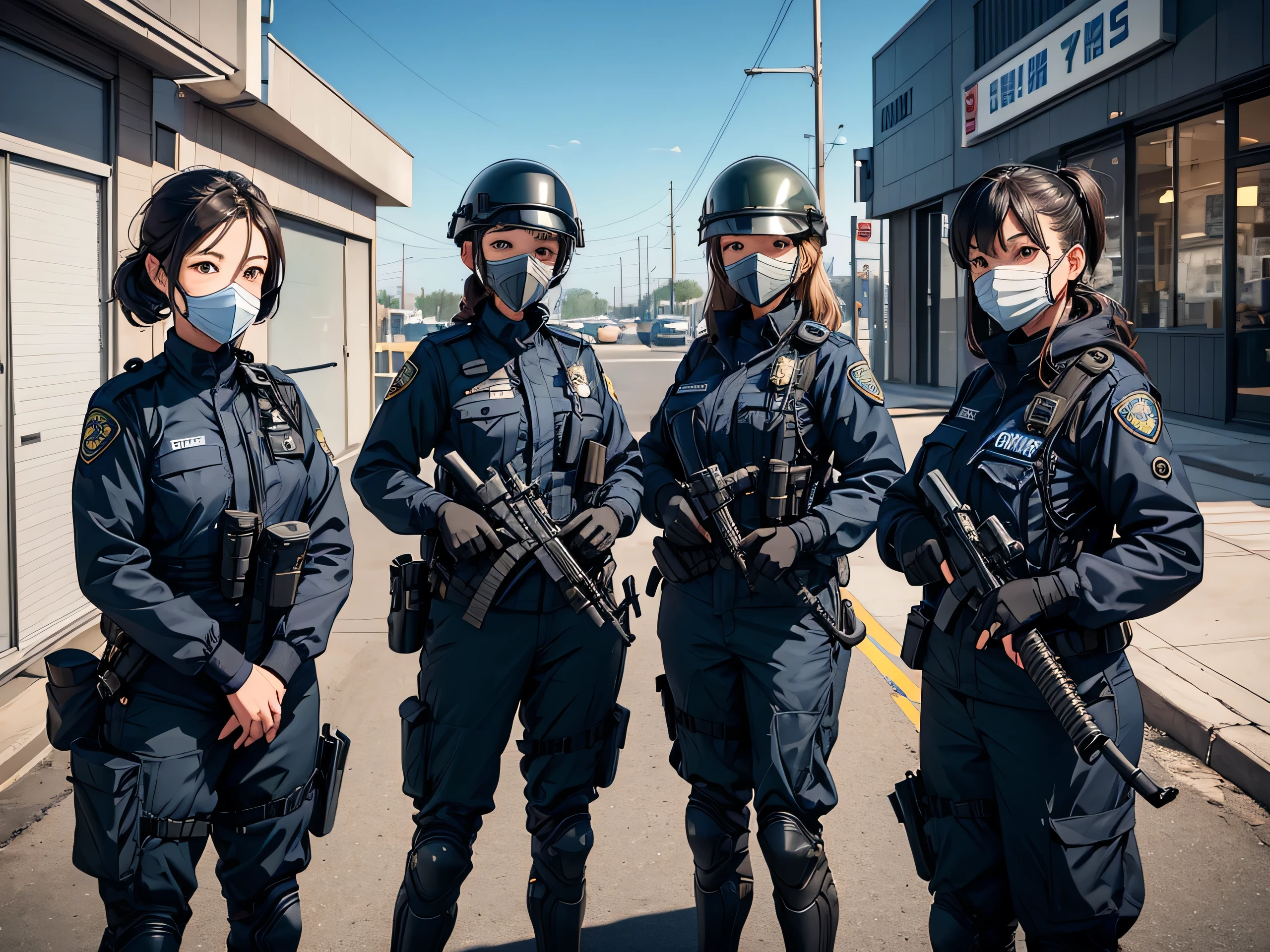 Four female police officers wearing helmets、Standing guard at the front、Wearing a gas mask、Wear goggles、Wearing M-51 police uniform、Write details。masterpiece、best quality、Highly detailed CG、8K picture quality