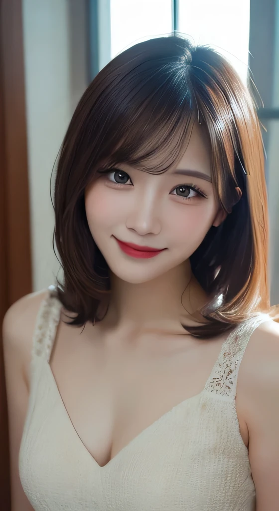Tabletop, highest quality, figure, Super detailed, In detail, High resolution, 8k wallpaper, Perfect dynamic composition, Beautiful fine details, dress,Medium Hair, Center of chest, Natural color lip, Random sexy poses,smile,Tower apartment