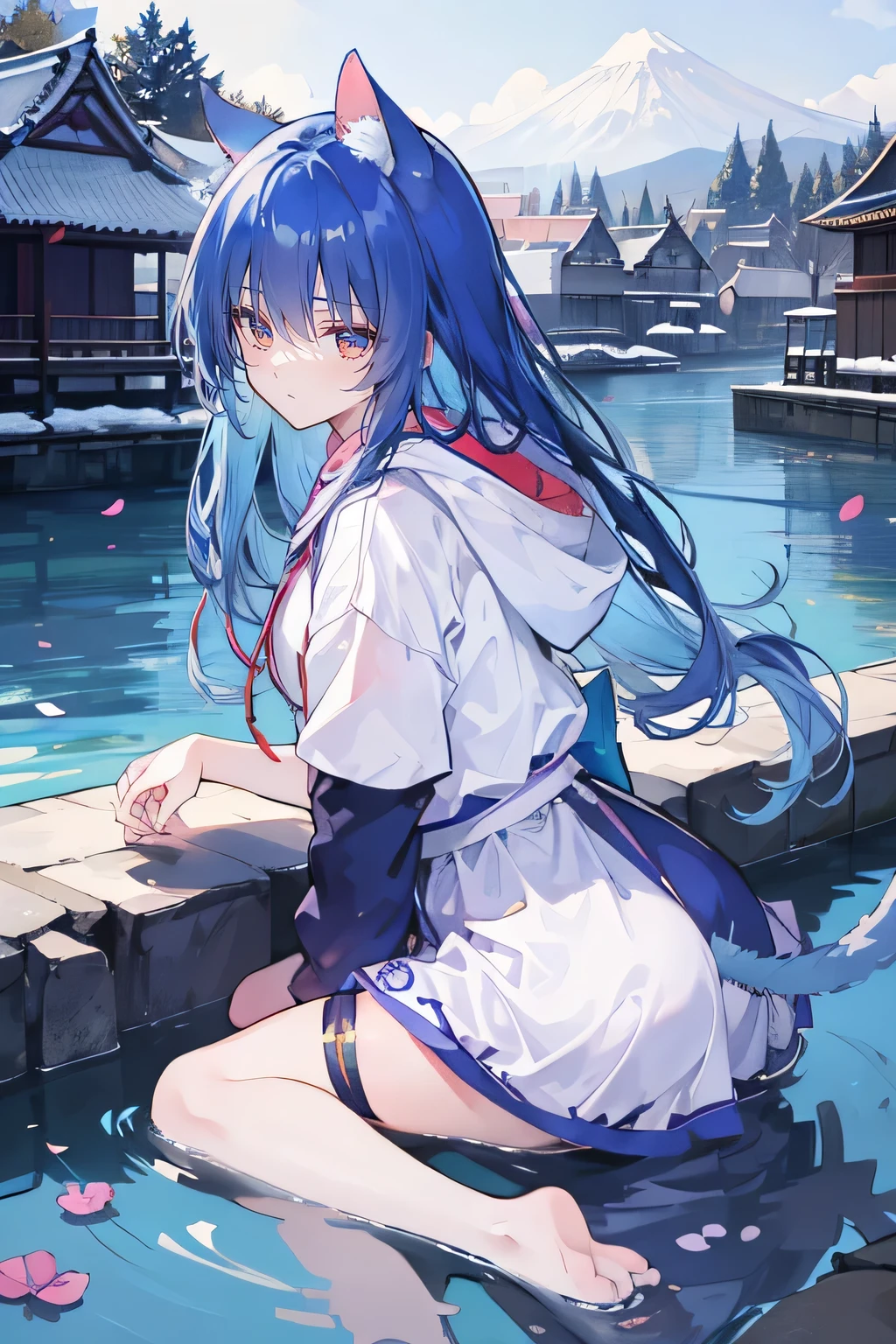 (masterpiece:1.2),Super detailed,lifelike,Expressive eyes,fair skin,perfect face shape,1 girl,
Japanese comics,Gorgeous blue hair,flowing blue hair,flowing clothes,Cat ears,Petals fall,beautiful lola,Baby Angel,
Shaking head with one hand,Cross your legs,Gentle and peaceful background,The pavilion is cool and comfortable,smile, wearing hoodie, background of tokyo,back views,snowing, winter,lie on the water.