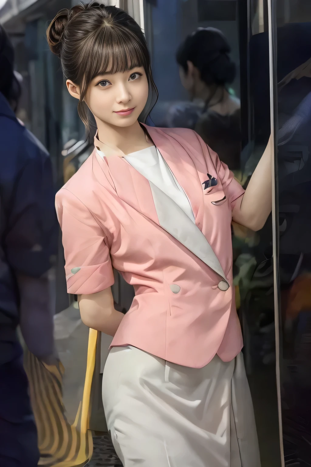 (masterpiece:1.2, highest quality:1.2), 32K HDR, High resolution, (alone、1 girl)、(On the rooftop of a building in the daytime、Professional Lighting)、Building rooftop background、(Nankai train crew uniform pinkを着たリアルスタイル)、(Nankai train crew uniform pink short sleeve pink jacket、Nankai Train Crew Uniform Pink Collarless Short Sleeve Blouse、Nankai Train crew uniform pinkのグレー色のキュロットスカート)、Dark brown hair、(Hair tied up、Hair Bun、Hair Bun)、Dark brown hair、Long Shot、Big Breasts、Thin legs、((Great hands:2.0)),((Harmonious body proportions:1.5)),((Normal limbs:2.0)),((Normal finger:2.0)),((Delicate eyes:2.0)),((Normal eyes:2.0)))、smile、(Nankai Train crew uniform pinkのグレー色のキュロットスカートを見せた美しい歩く姿)、Keep your hands natural